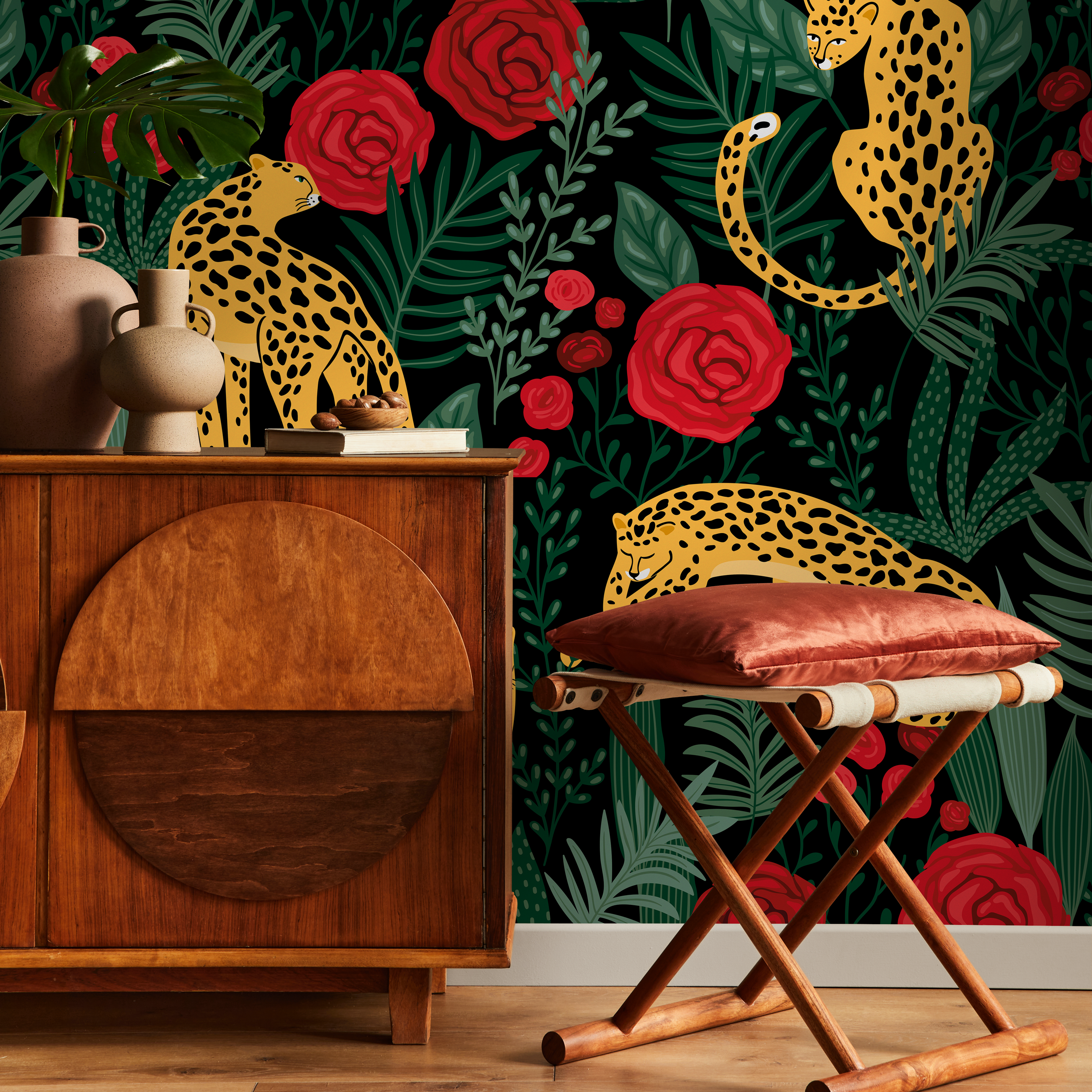 Botanical Wallpaper With Tigers And Red Roses In Green And Yellow - D154