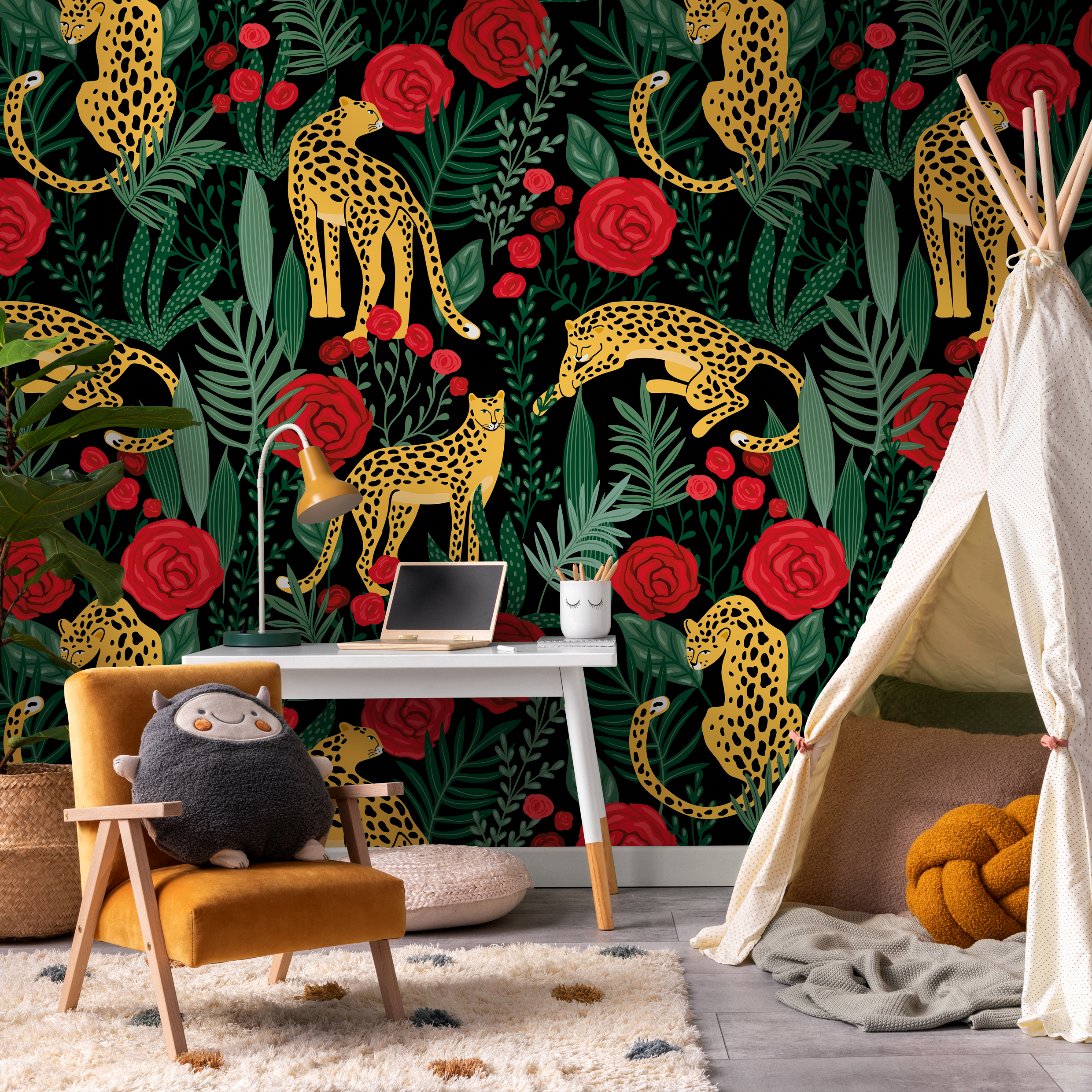 Botanical Wallpaper With Tigers And Red Roses In Green And Yellow - D154