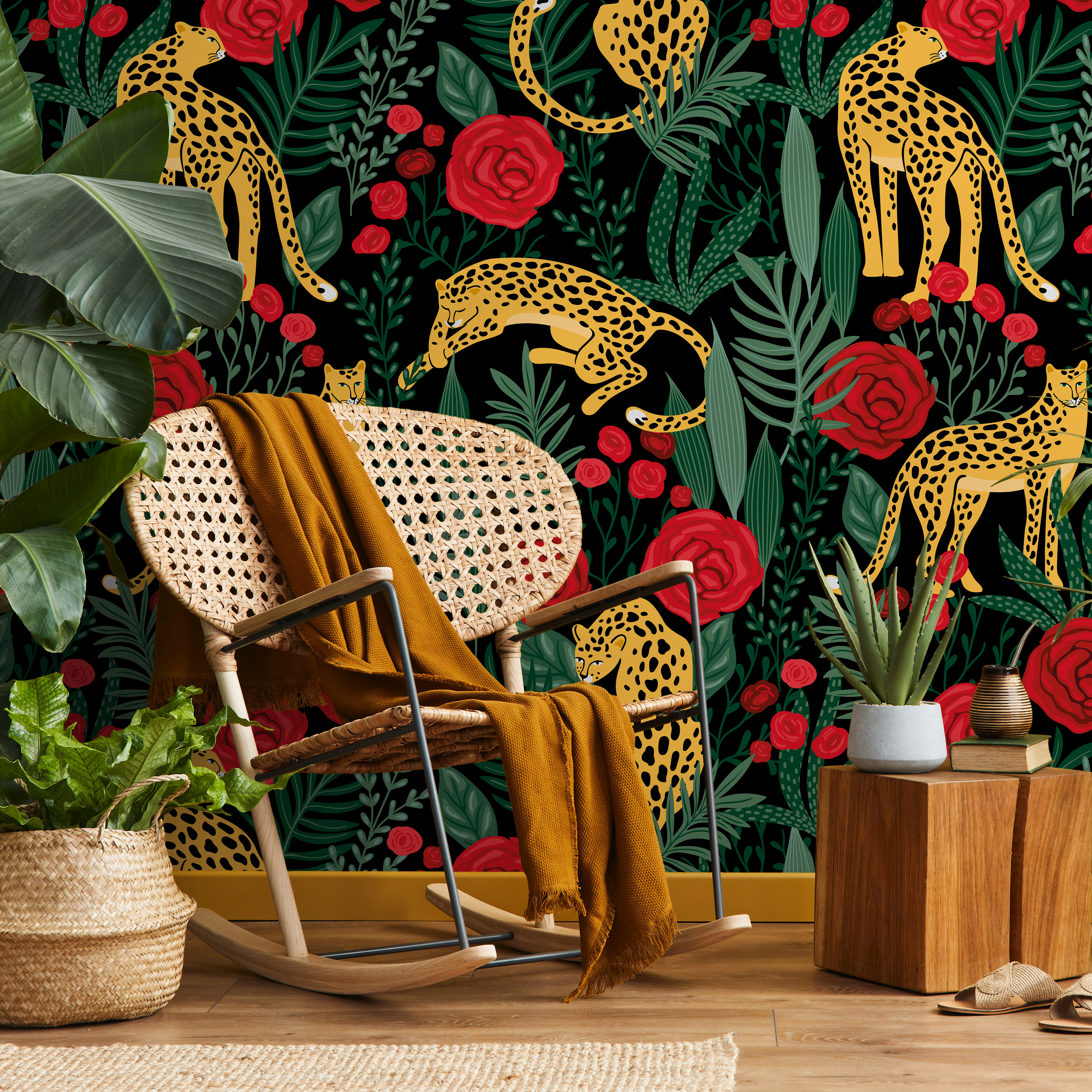 Botanical Wallpaper With Tigers And Red Roses In Green And Yellow - D154