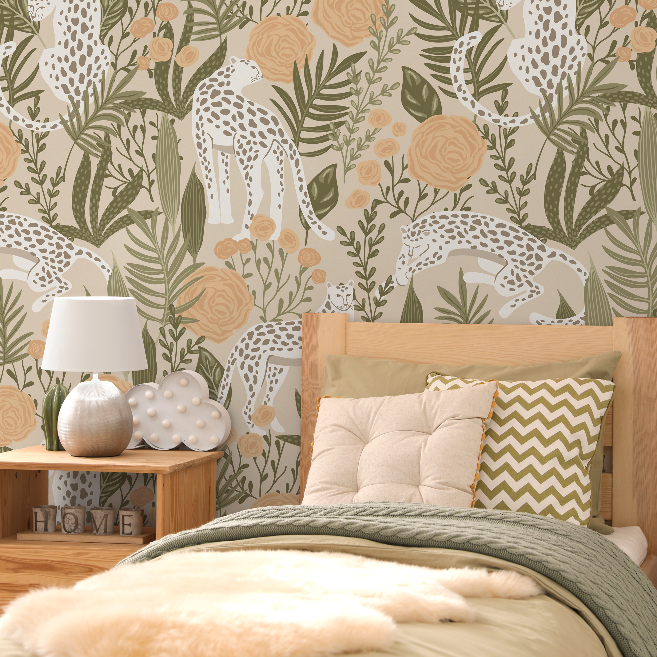 Boho Wallpaper With Leopards And Flowers In Green And Peach - D156