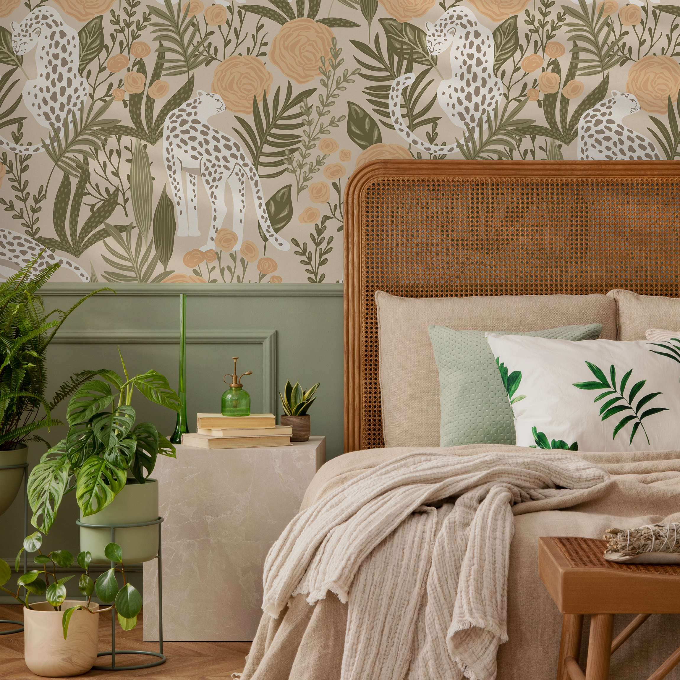 Boho Wallpaper With Leopards And Flowers In Green And Peach - D156