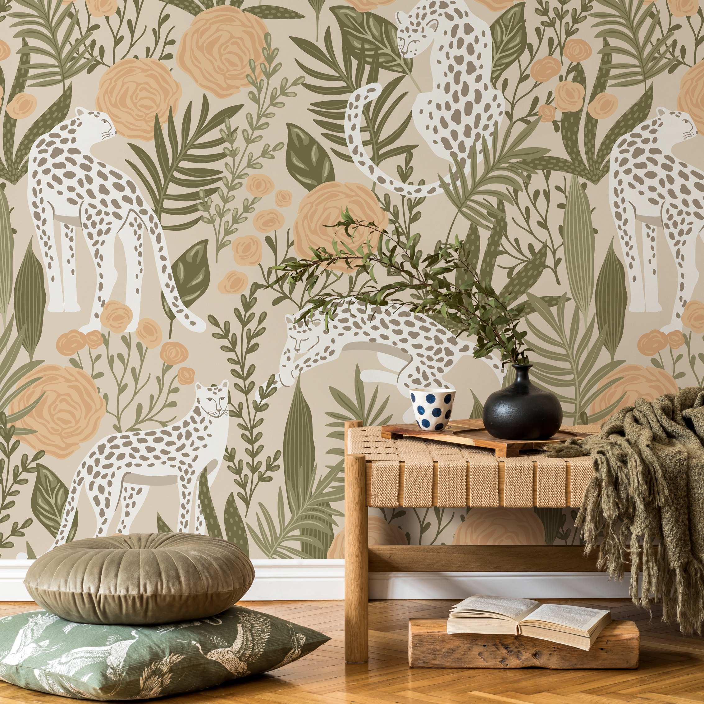 Boho Wallpaper With Leopards And Flowers In Green And Peach - D156