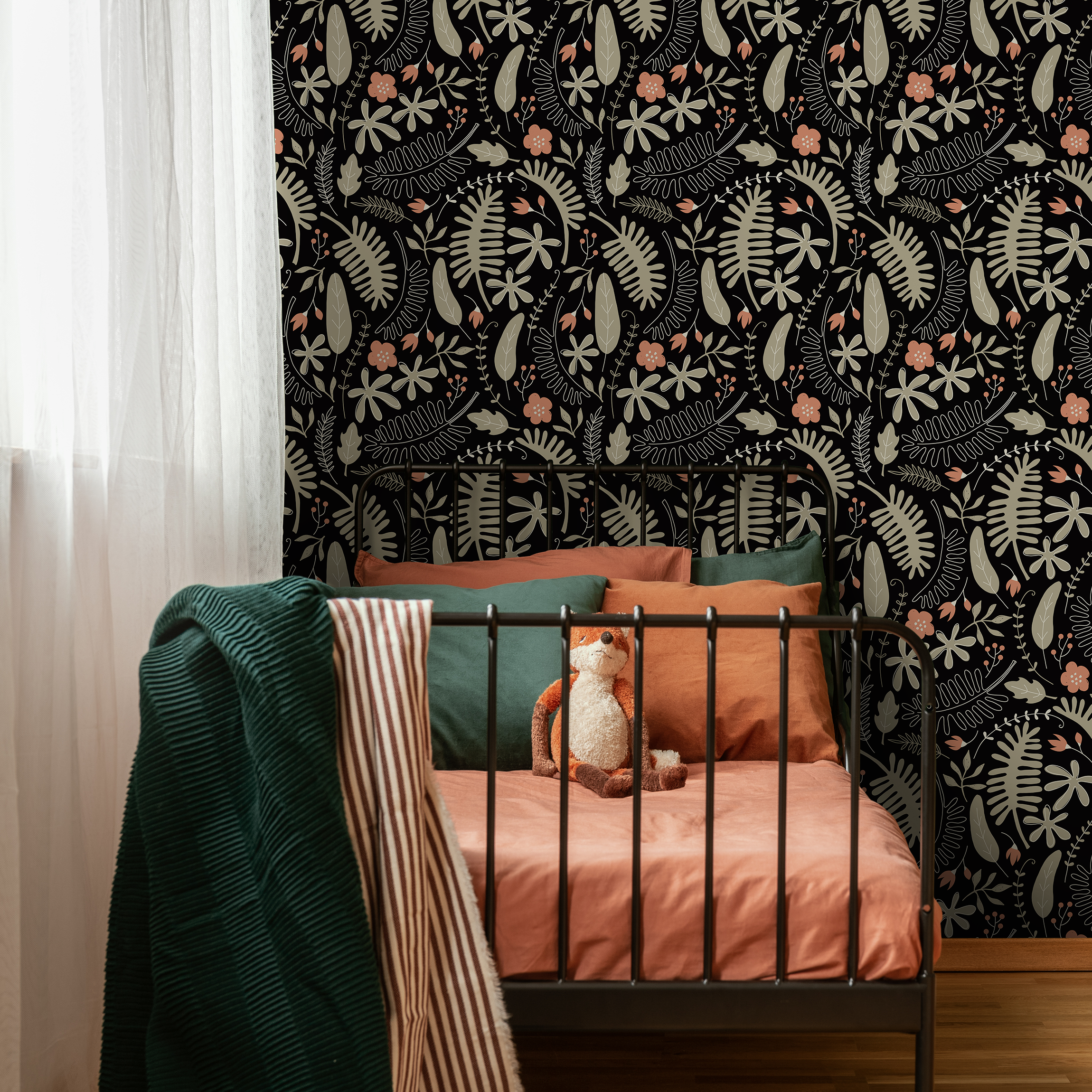 Botanical Wallpaper With A Stylized Fern Motif In Black, Beige, And Pink - D161