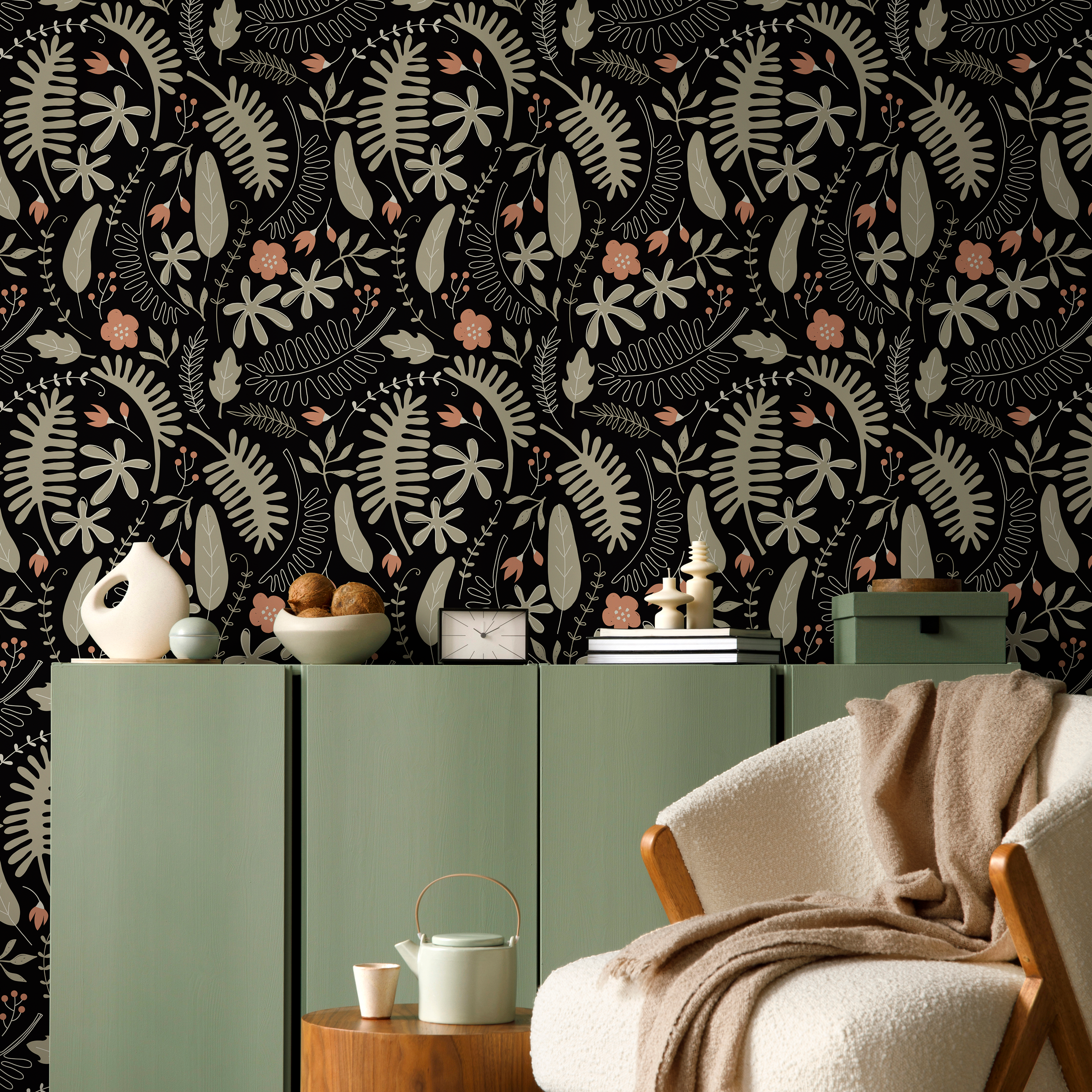 Botanical Wallpaper With A Stylized Fern Motif In Black, Beige, And Pink - D161