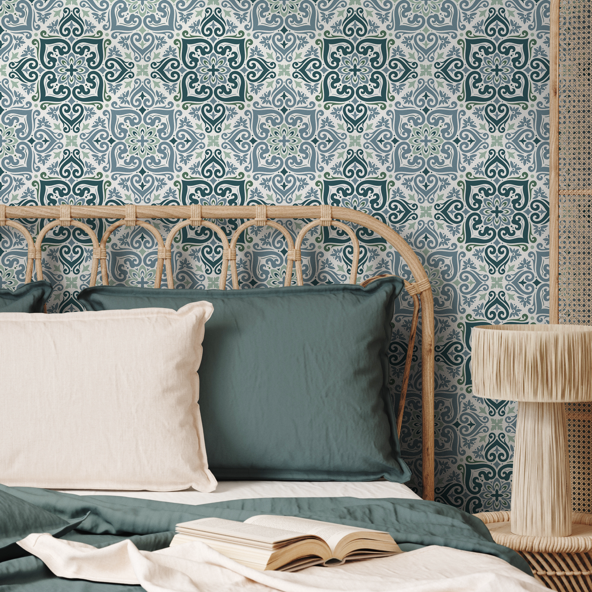 Moroccan Tile Wallpaper Featuring Ornate Medallions In Blue, Teal, And Green - D163