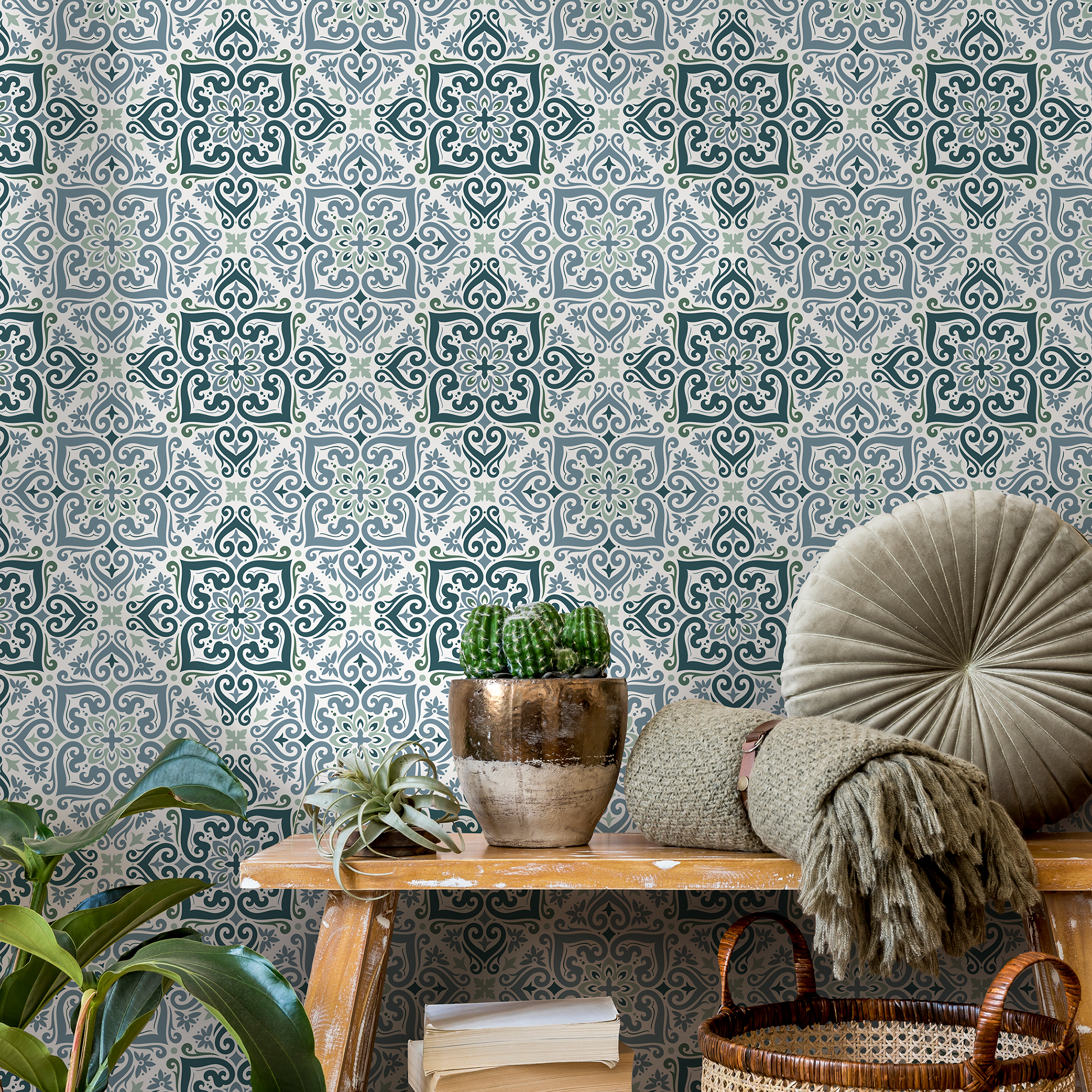 Moroccan Tile Wallpaper Featuring Ornate Medallions In Blue, Teal, And Green - D163