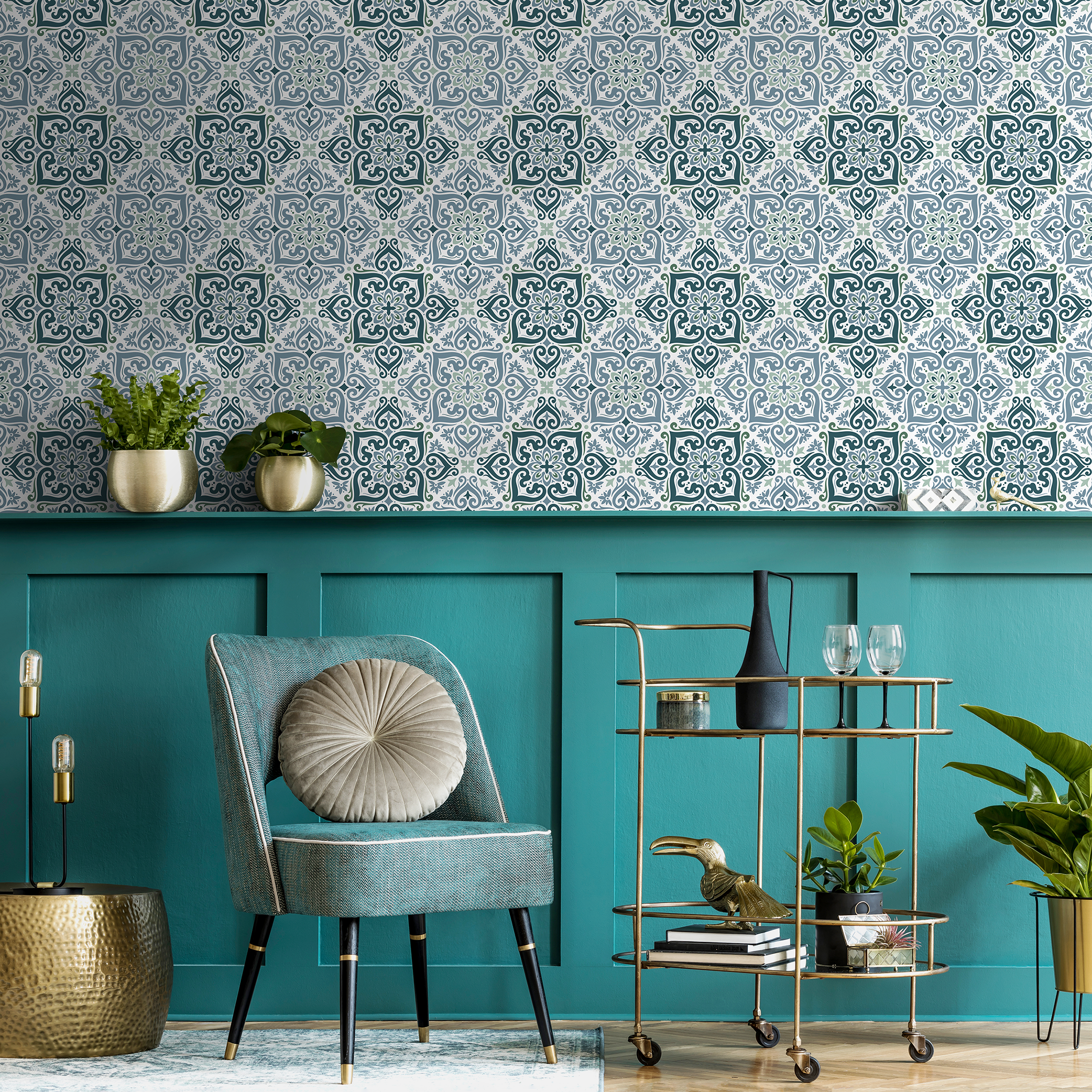 Moroccan Tile Wallpaper Featuring Ornate Medallions In Blue, Teal, And Green - D163