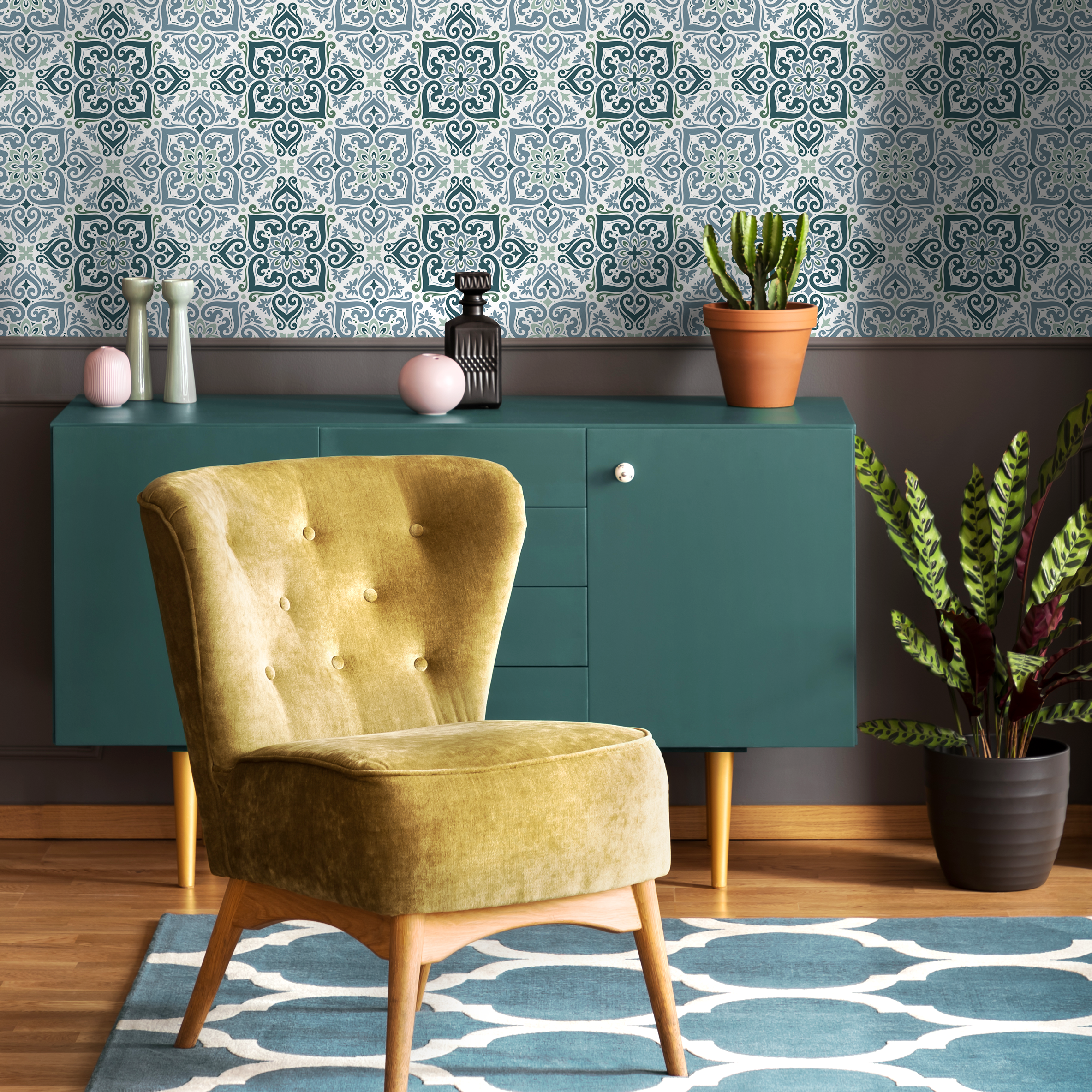 Moroccan Tile Wallpaper Featuring Ornate Medallions In Blue, Teal, And Green - D163