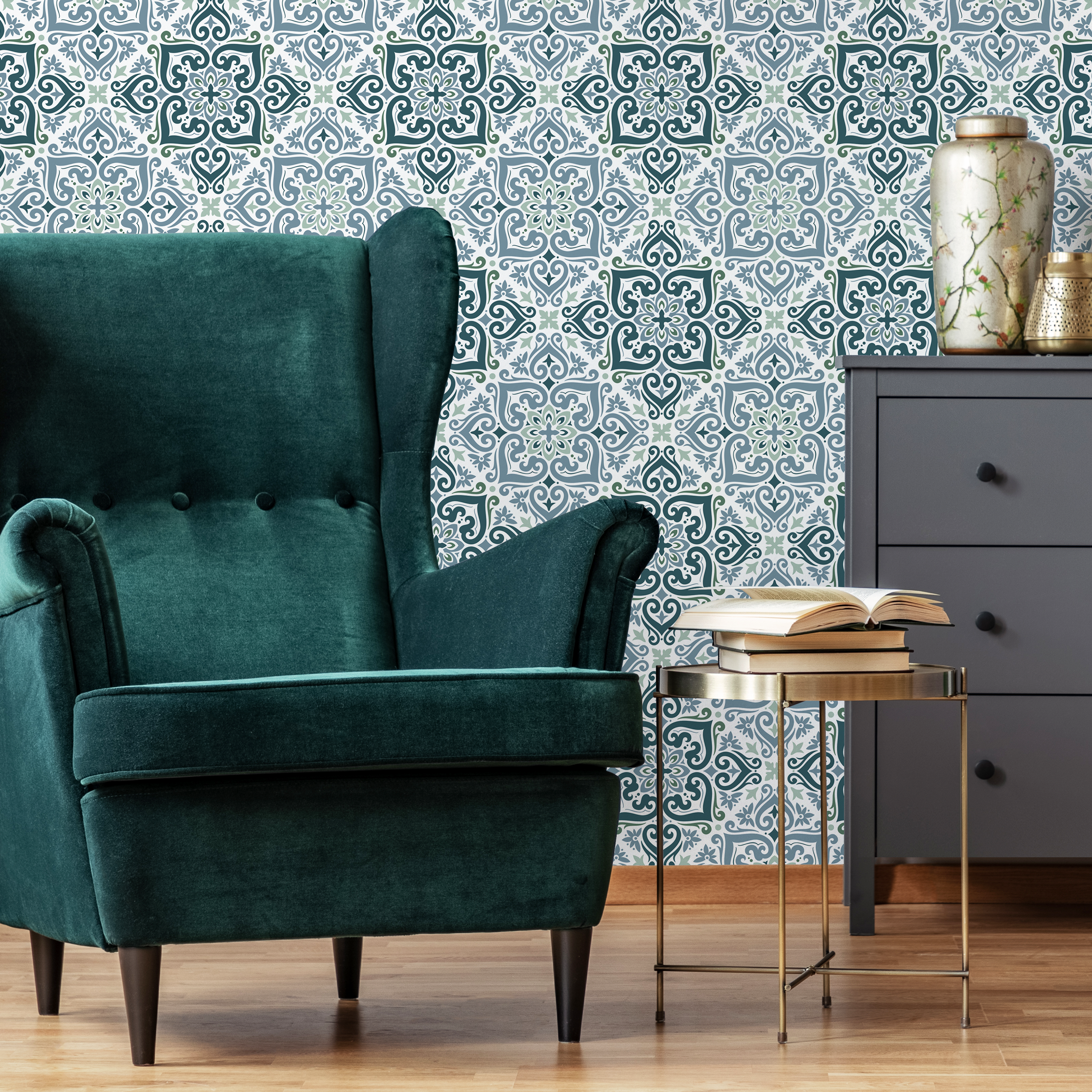 Moroccan Tile Wallpaper Featuring Ornate Medallions In Blue, Teal, And Green - D163