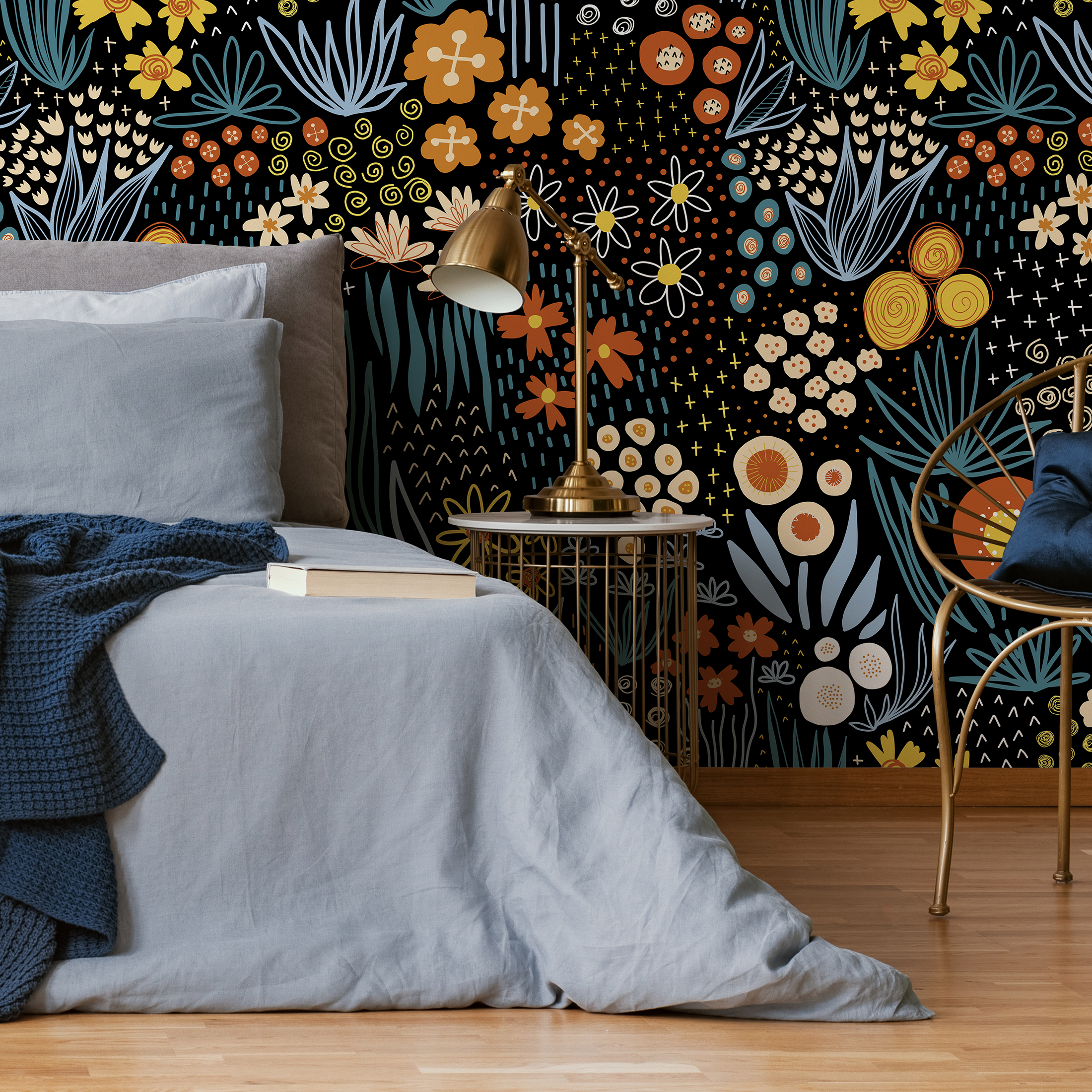Floral Wallpaper With Stylized Wildflowers In Black, Orange, And Blue - D168