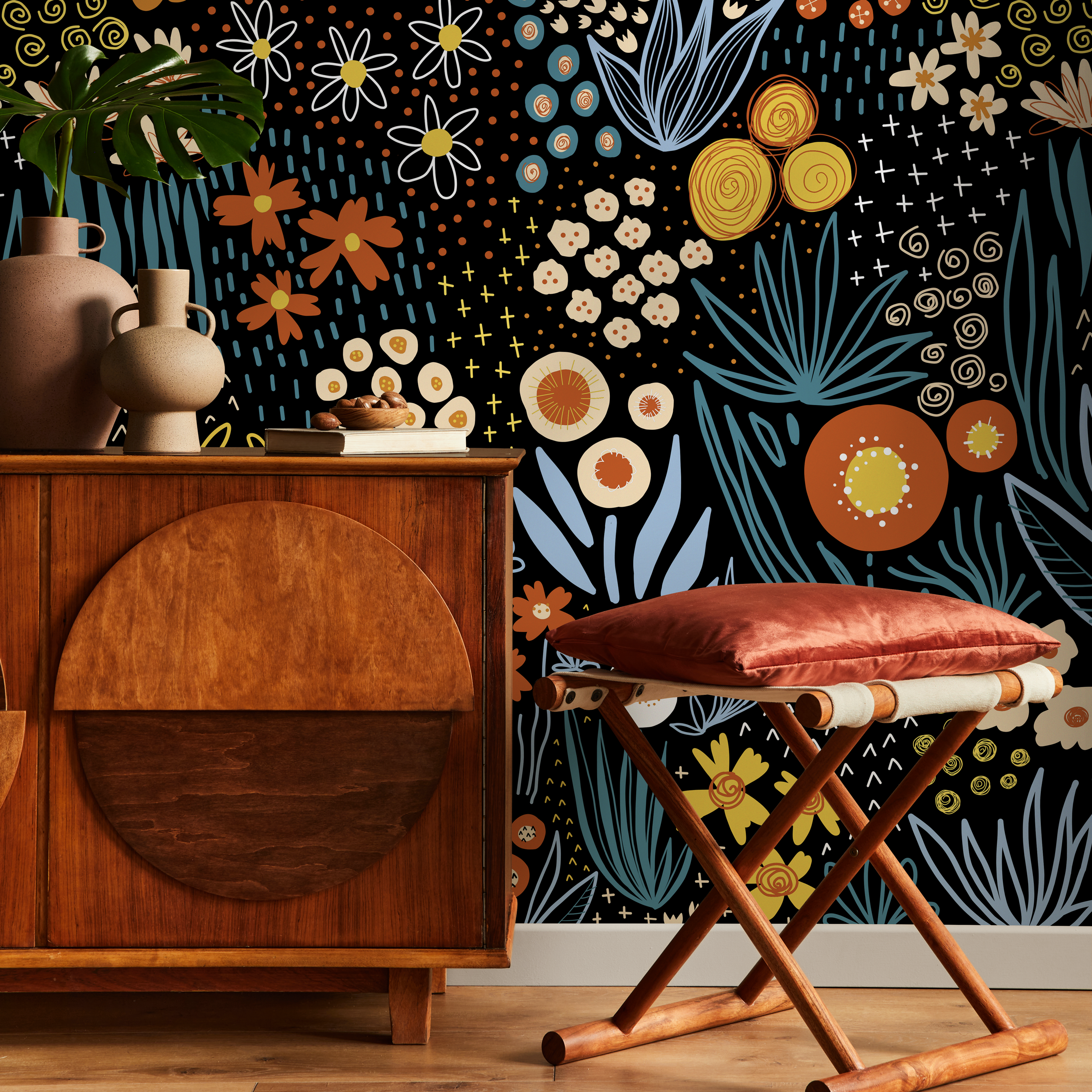 Floral Wallpaper With Stylized Wildflowers In Black, Orange, And Blue - D168