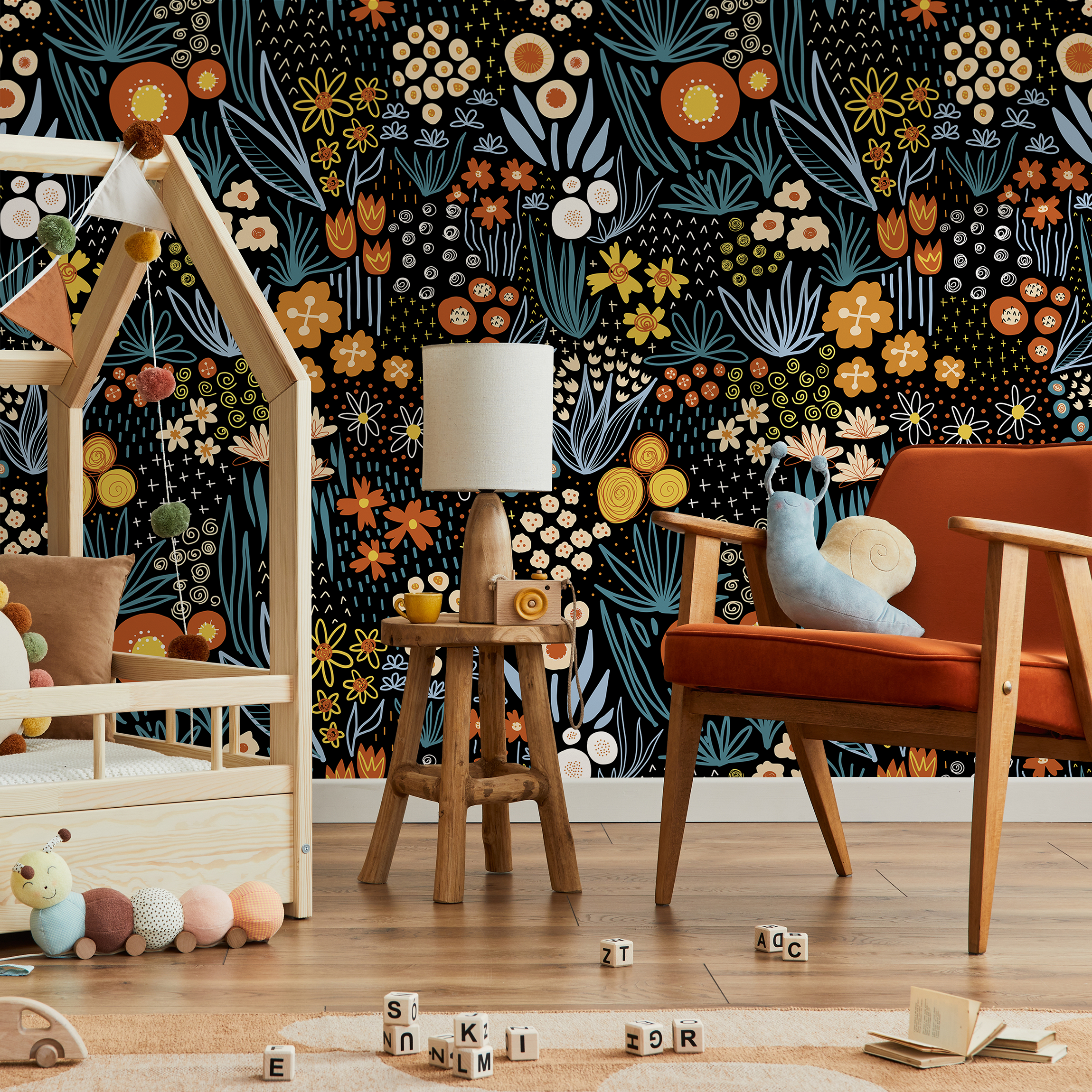 Floral Wallpaper With Stylized Wildflowers In Black, Orange, And Blue - D168