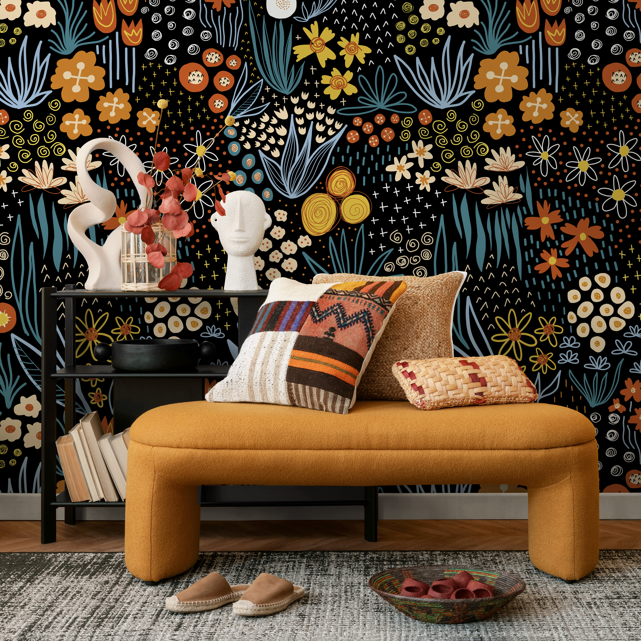 Floral Wallpaper With Stylized Wildflowers In Black, Orange, And Blue - D168