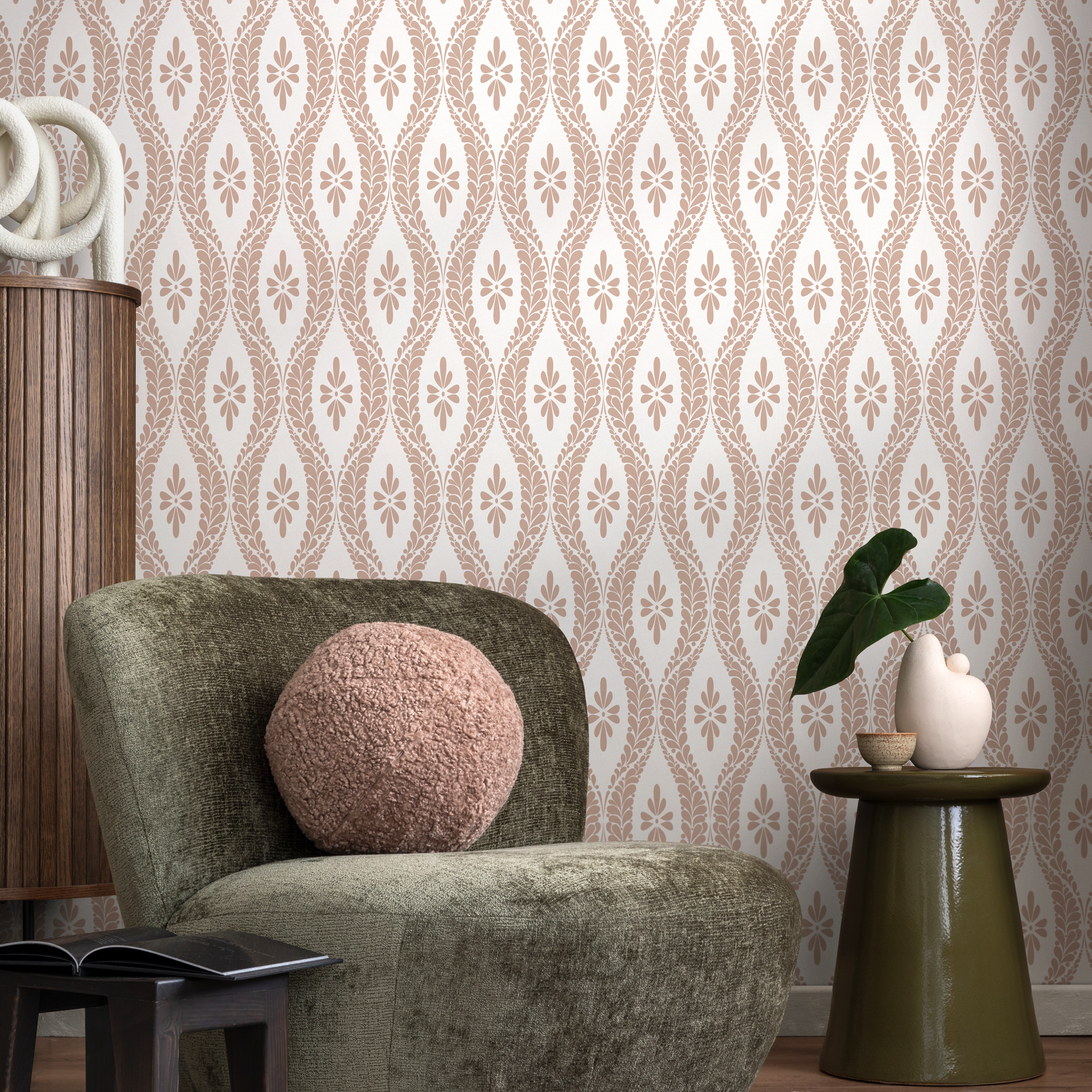 Vintage Wallpaper With A Stylized Ogee Leaf Motif In Old Rose - D173