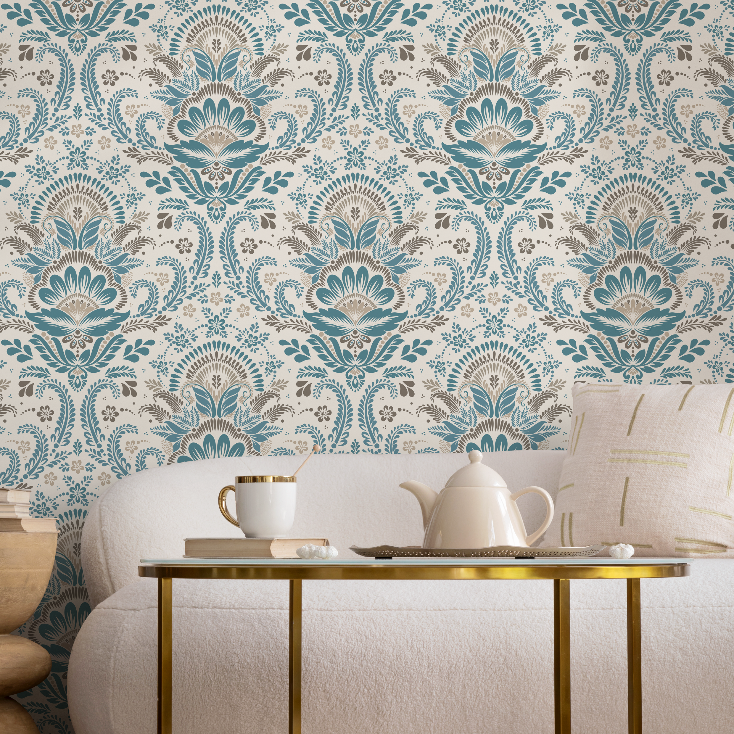 Damask Wallpaper With An Intricate Floral Motif In Blue And Beige - D186
