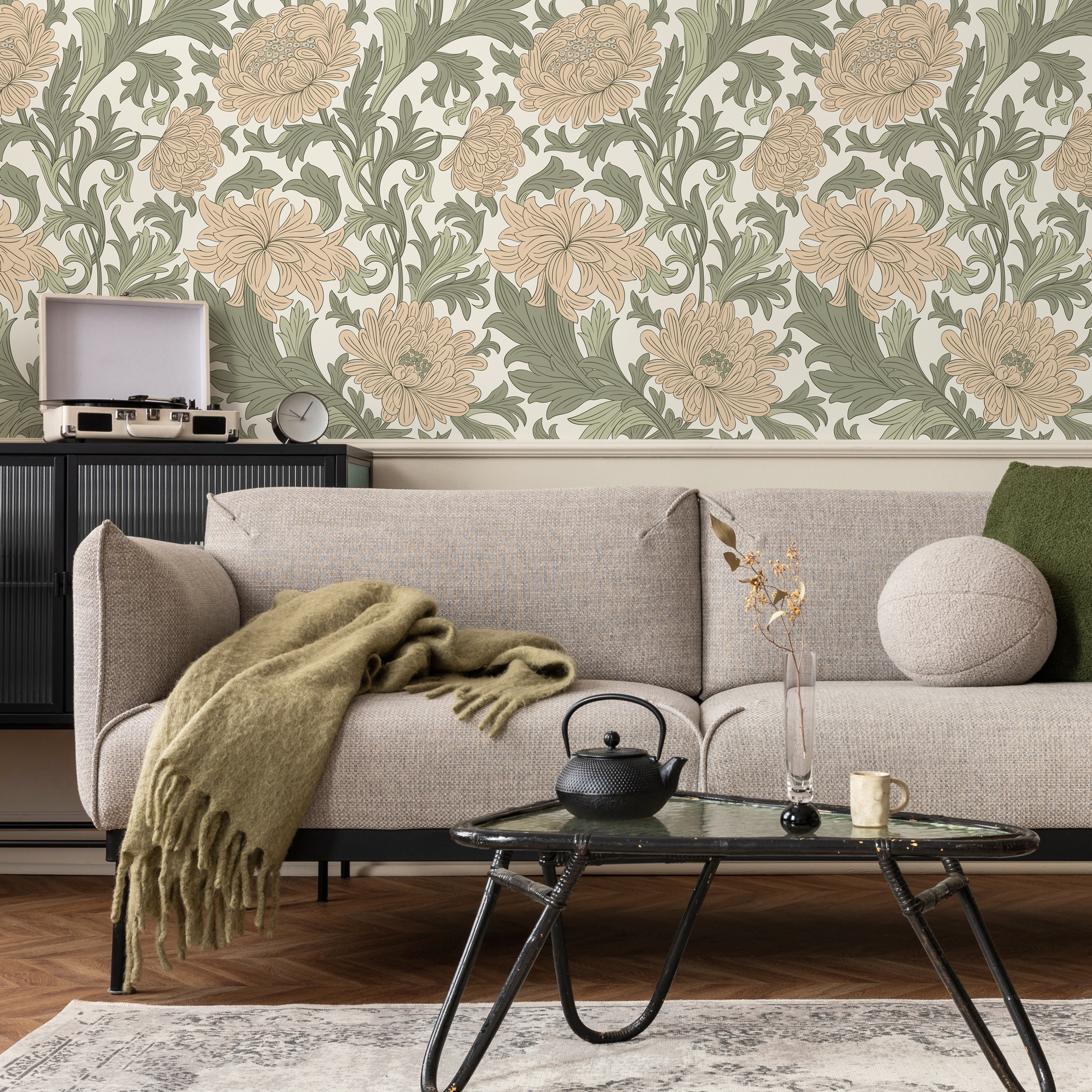 Art Nouveau Wallpaper With Flowing Florals In Beige And Sage Green - D188