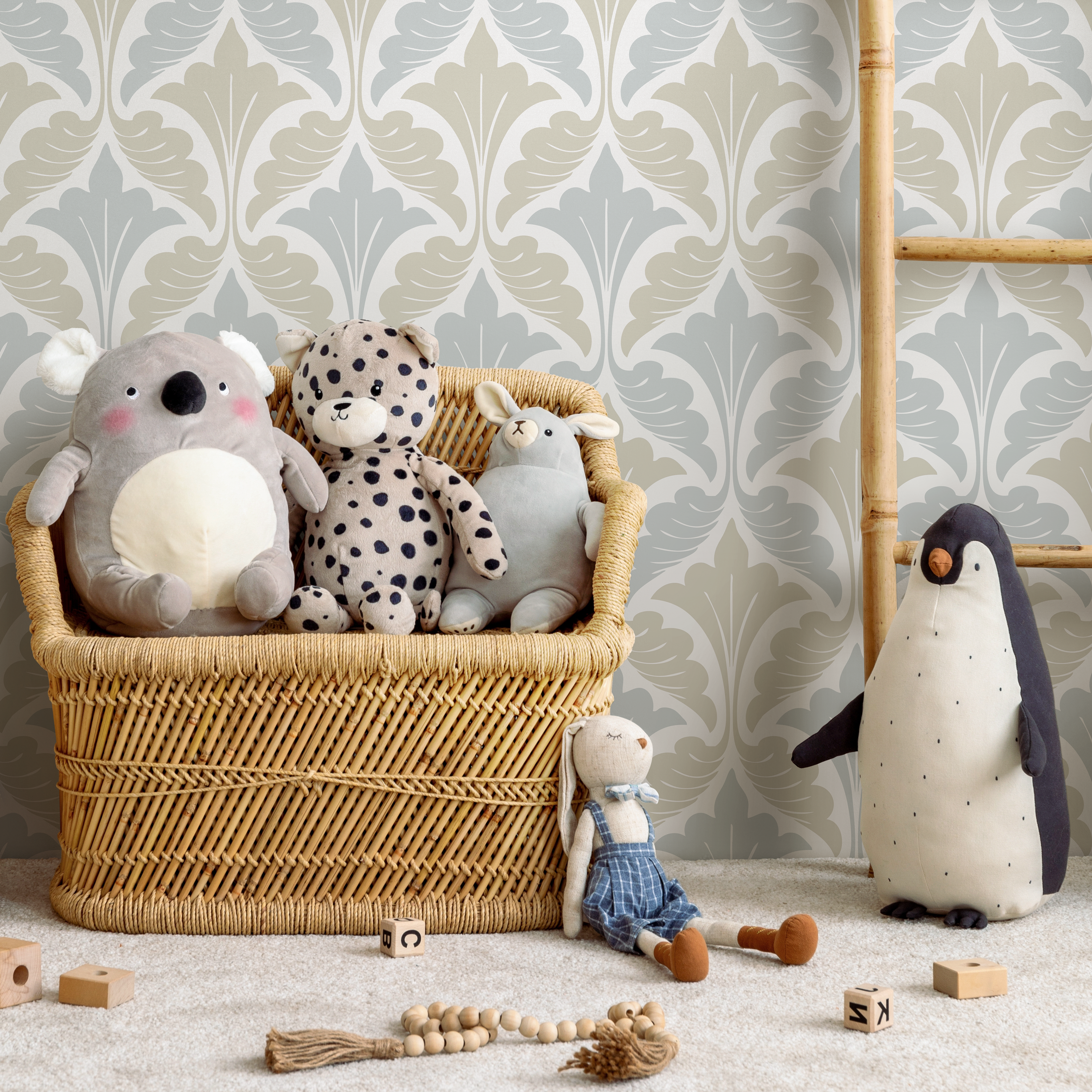 Damask Wallpaper With A Stylized Leaf Motif In Light Blue And Beige - D190