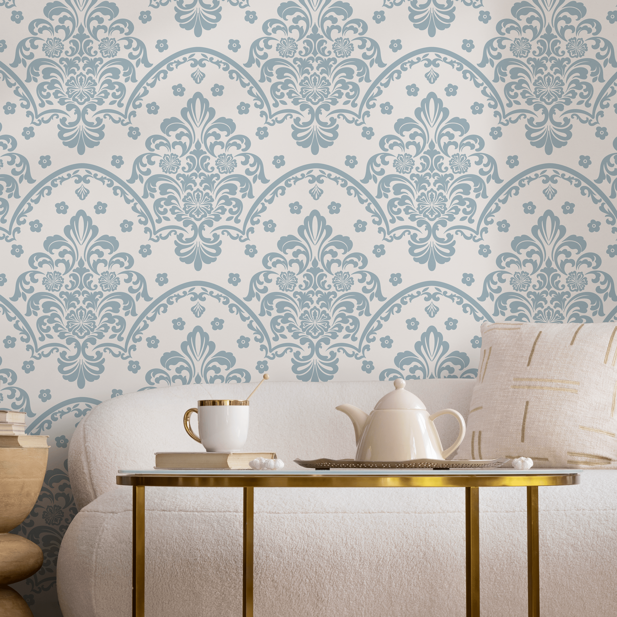 Damask Wallpaper With A Scalloped Floral Motif In Light Blue And Cream - D198