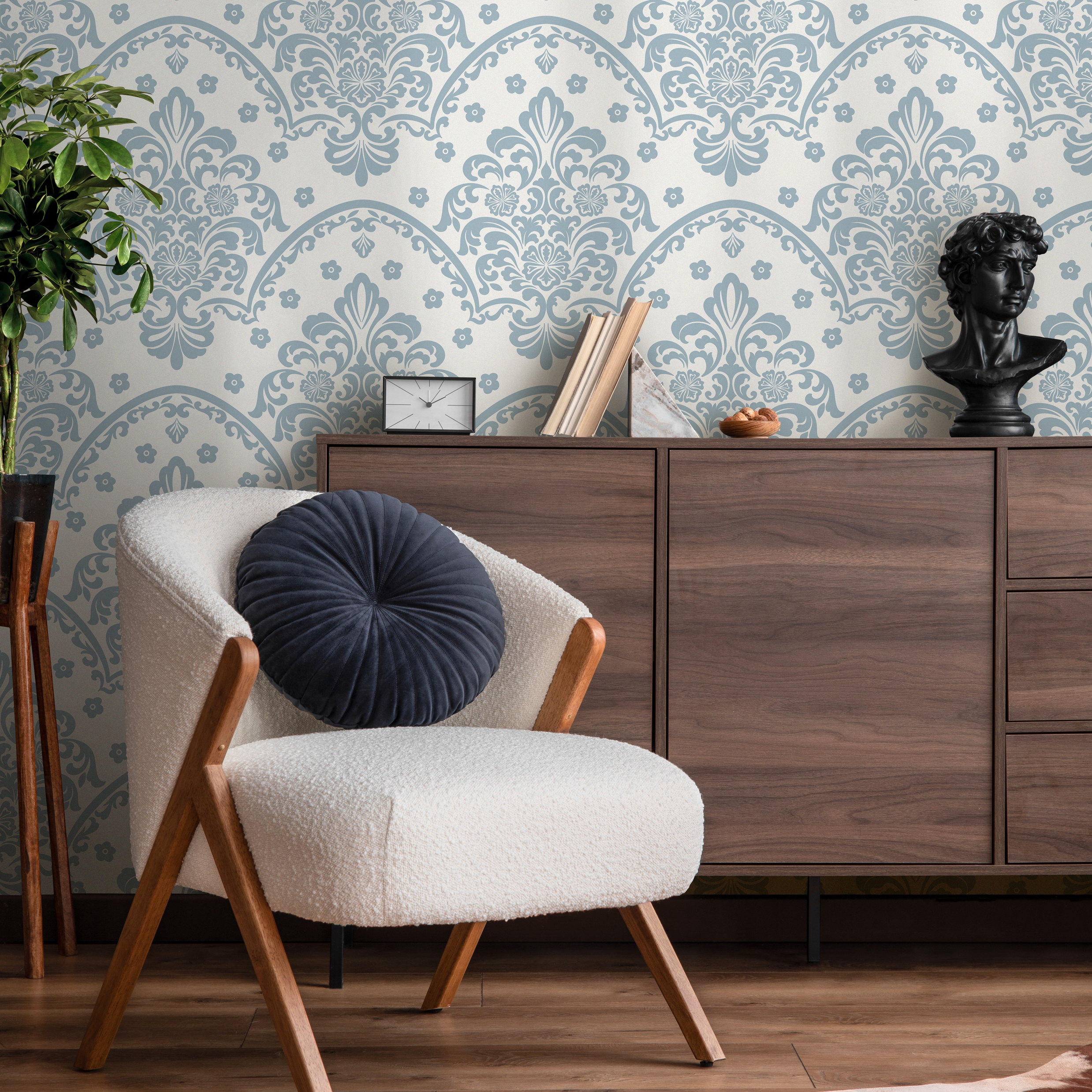 Damask Wallpaper With A Scalloped Floral Motif In Light Blue And Cream - D198