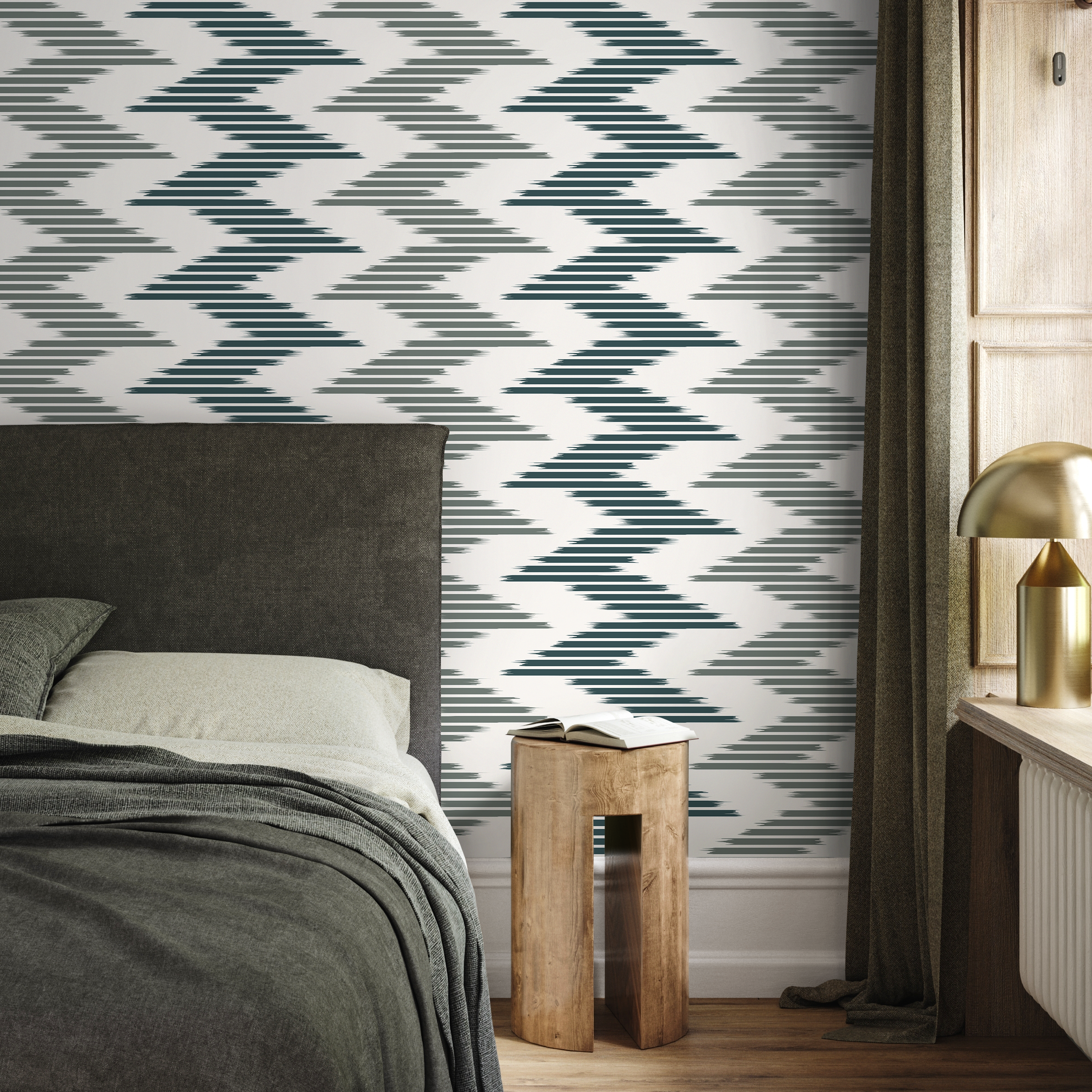 Geometric Wallpaper With An Ikat Chevron Motif In Teal And Sage Green - D205