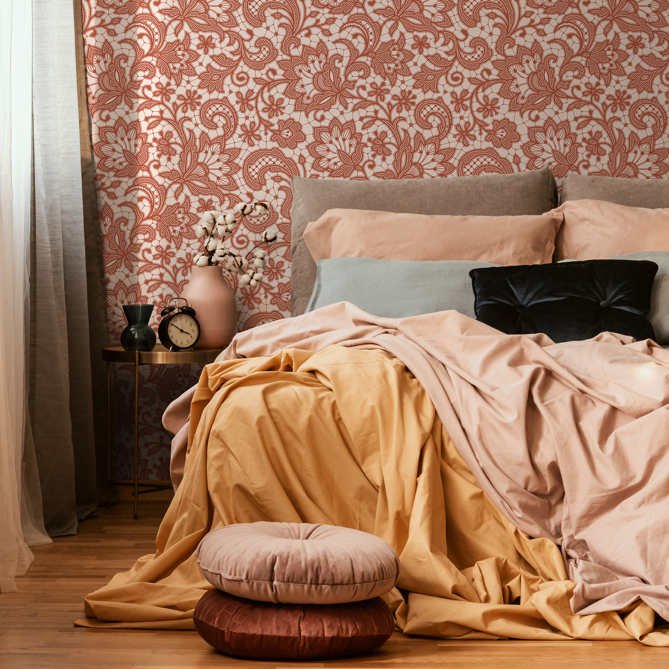 Lace Wallpaper With An Intricate Floral Motif In Terracotta Red - D212