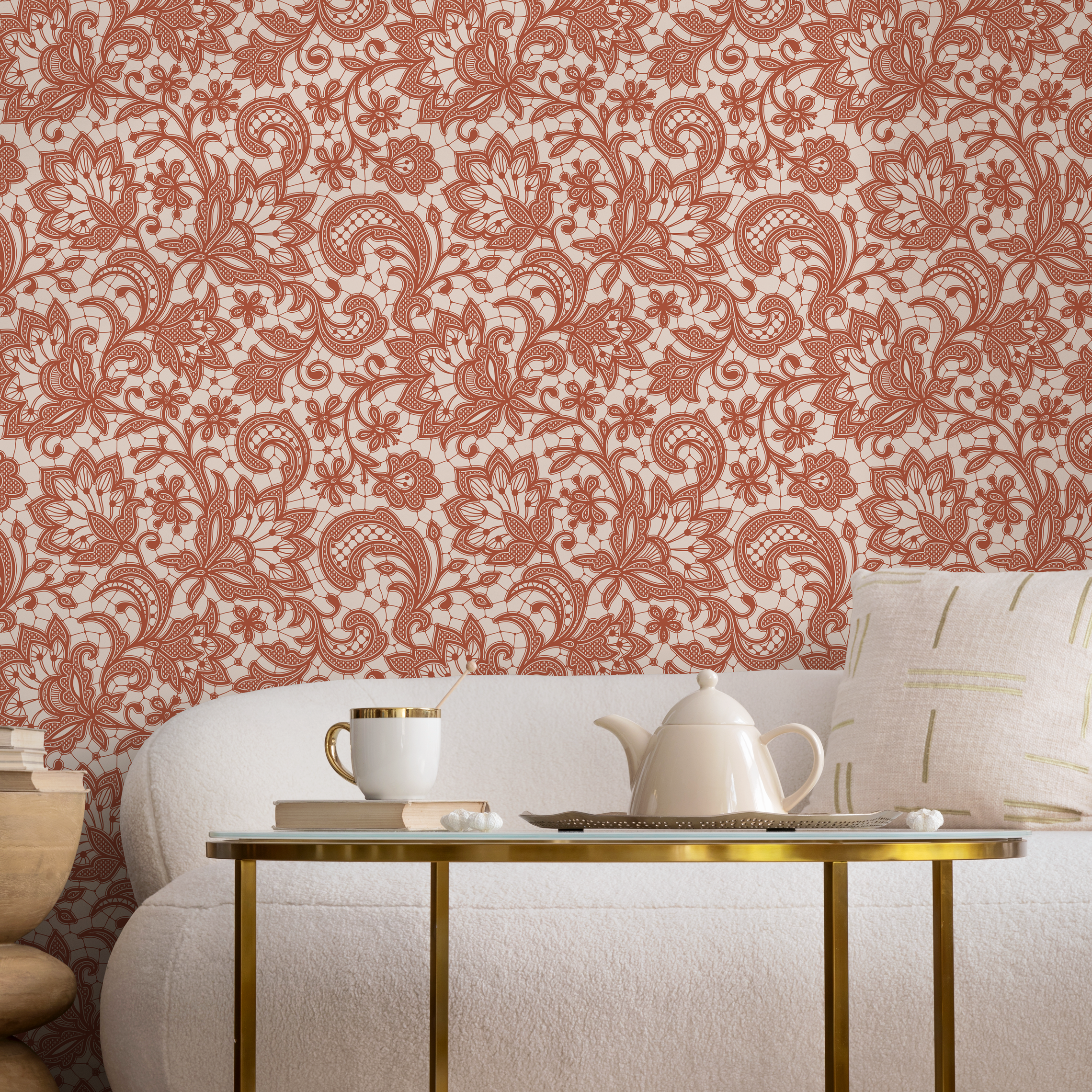 Lace Wallpaper With An Intricate Floral Motif In Terracotta Red - D212
