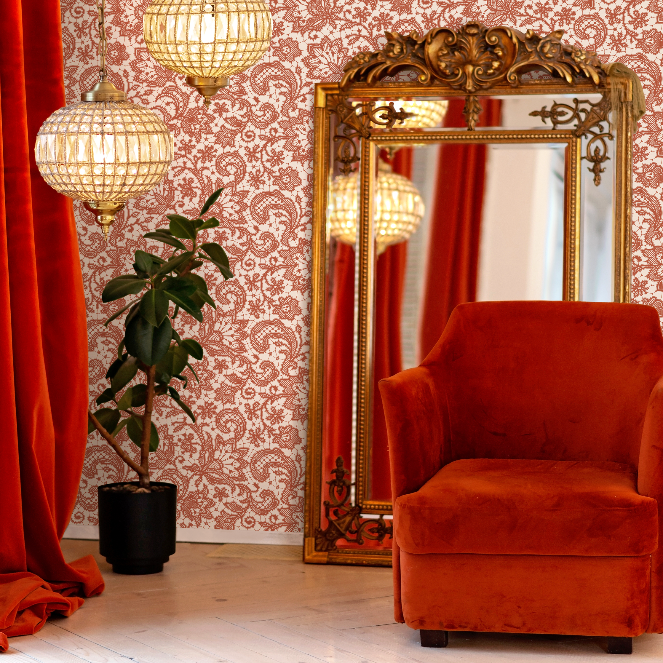 Lace Wallpaper With An Intricate Floral Motif In Terracotta Red - D212