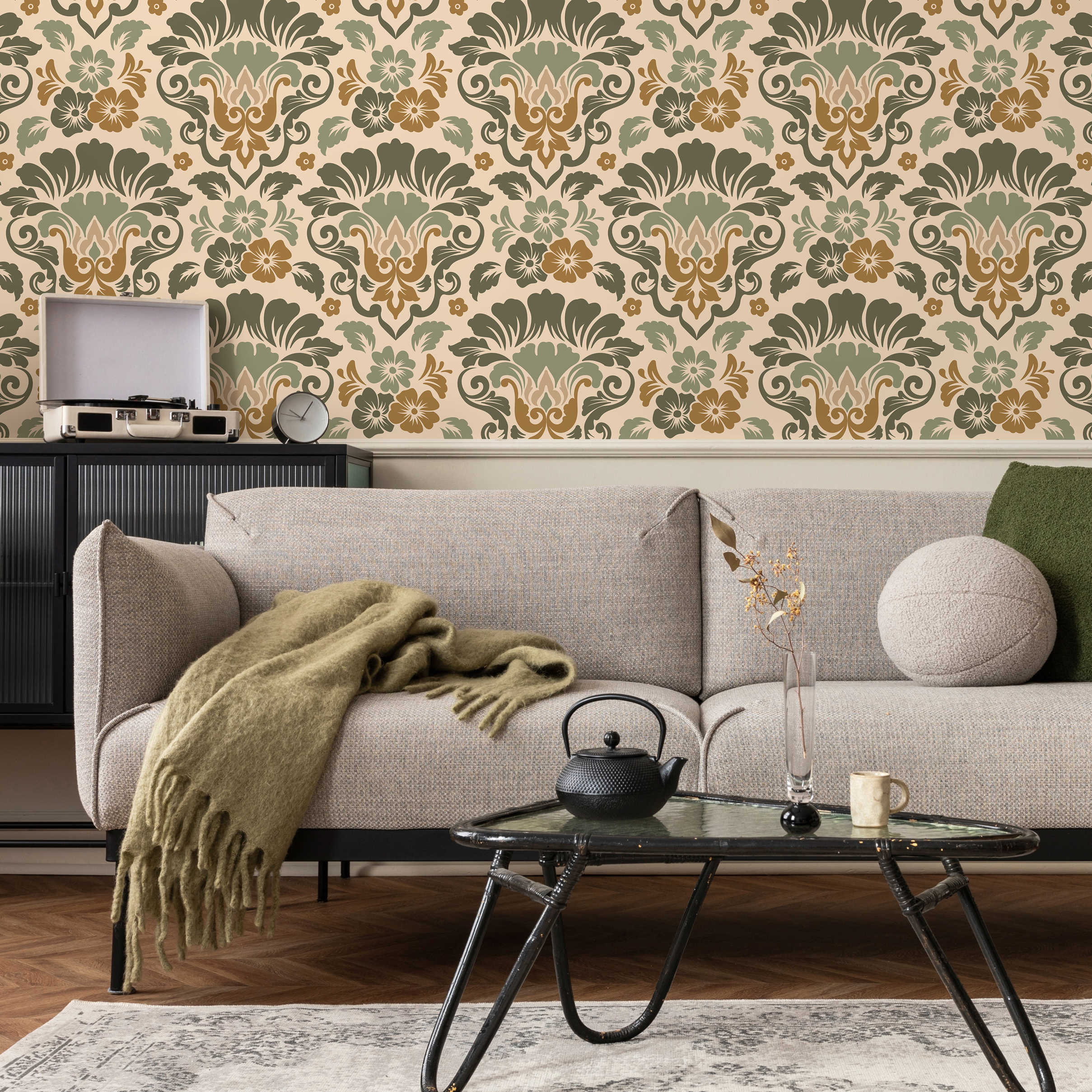 Damask Wallpaper With An Ornate Floral Motif In Green And Brown - D215