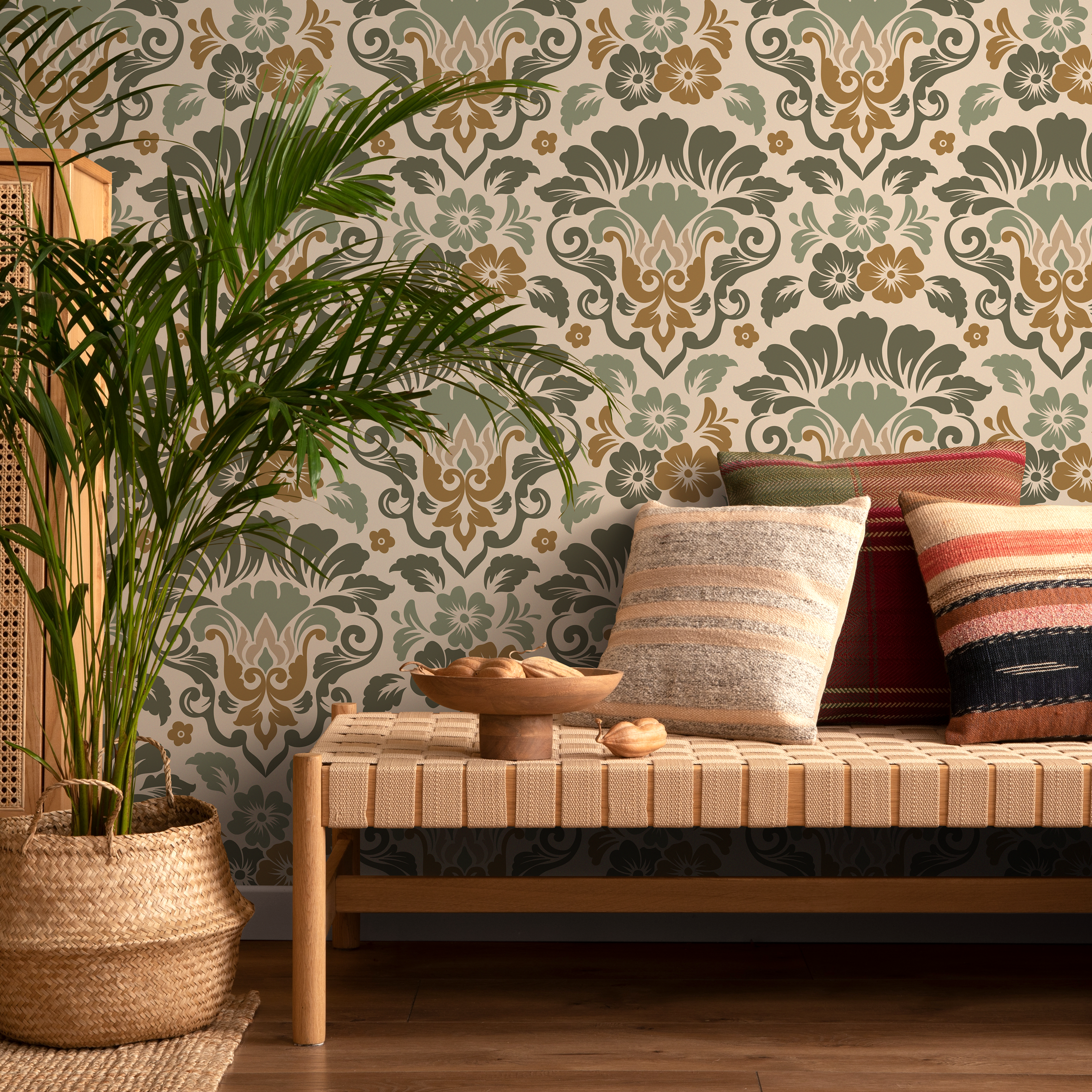 Damask Wallpaper With An Ornate Floral Motif In Green And Brown - D215