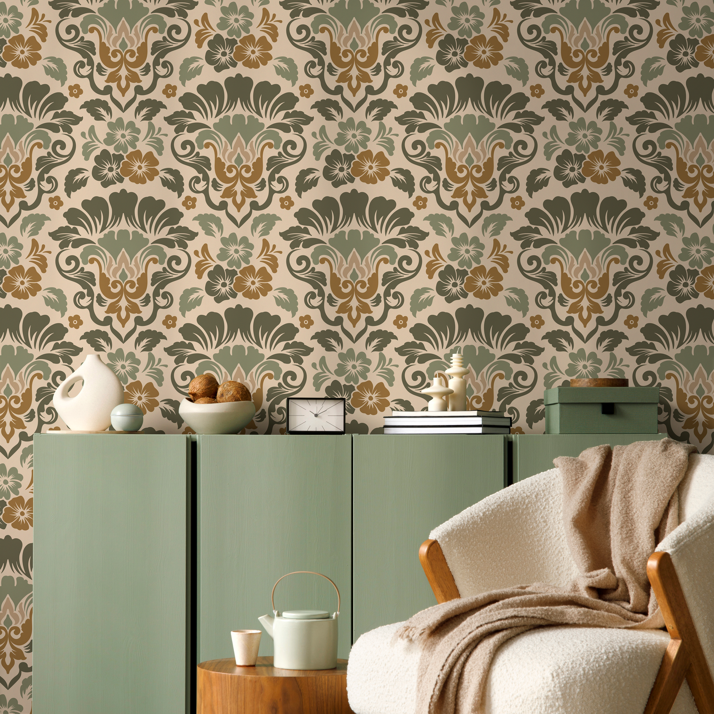Damask Wallpaper With An Ornate Floral Motif In Green And Brown - D215
