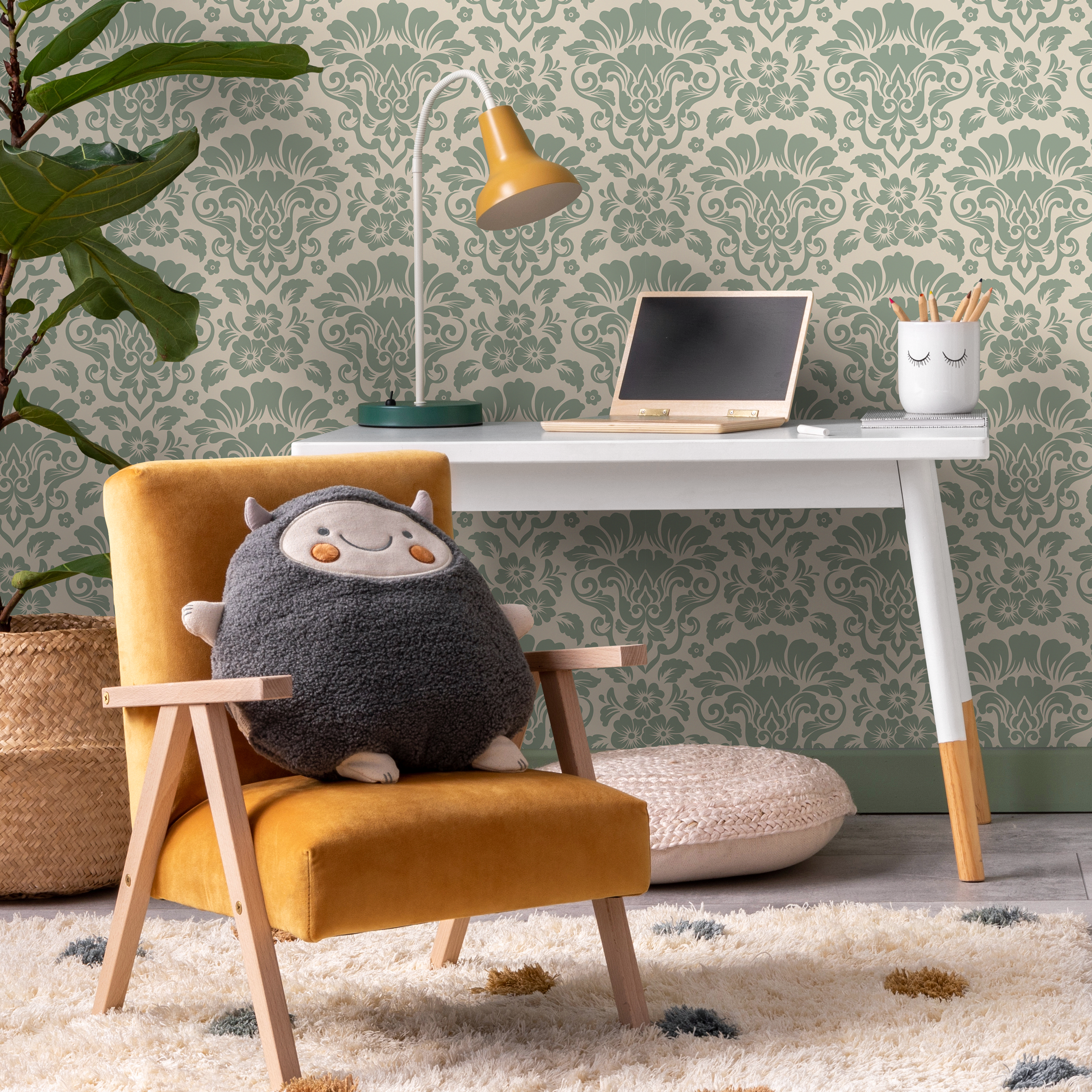 Damask Wallpaper With An Elegant Floral Motif In Mint And Beige - D216