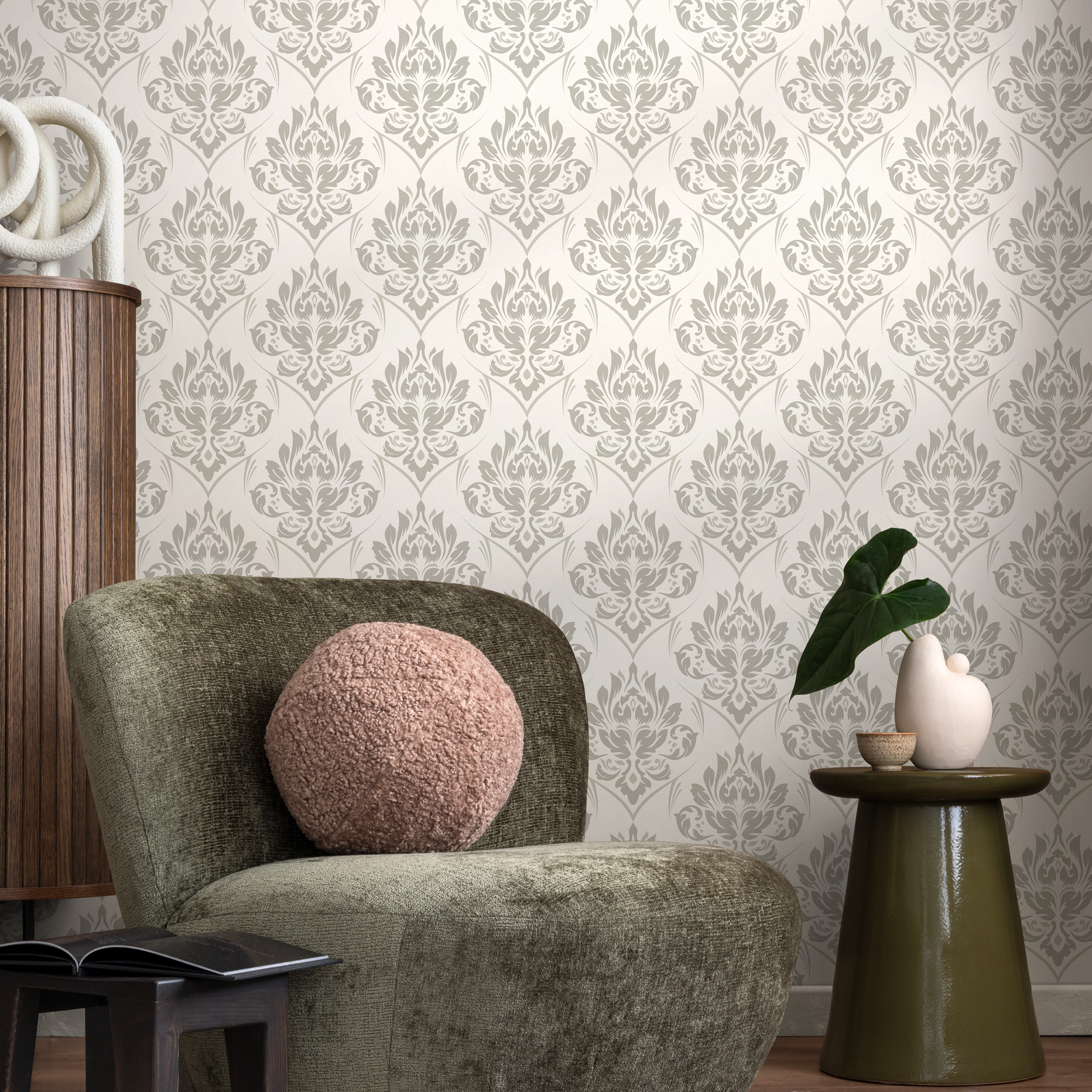 Damask Wallpaper With A Classic Ornate Motif In Neutral Gray And Cream - D229