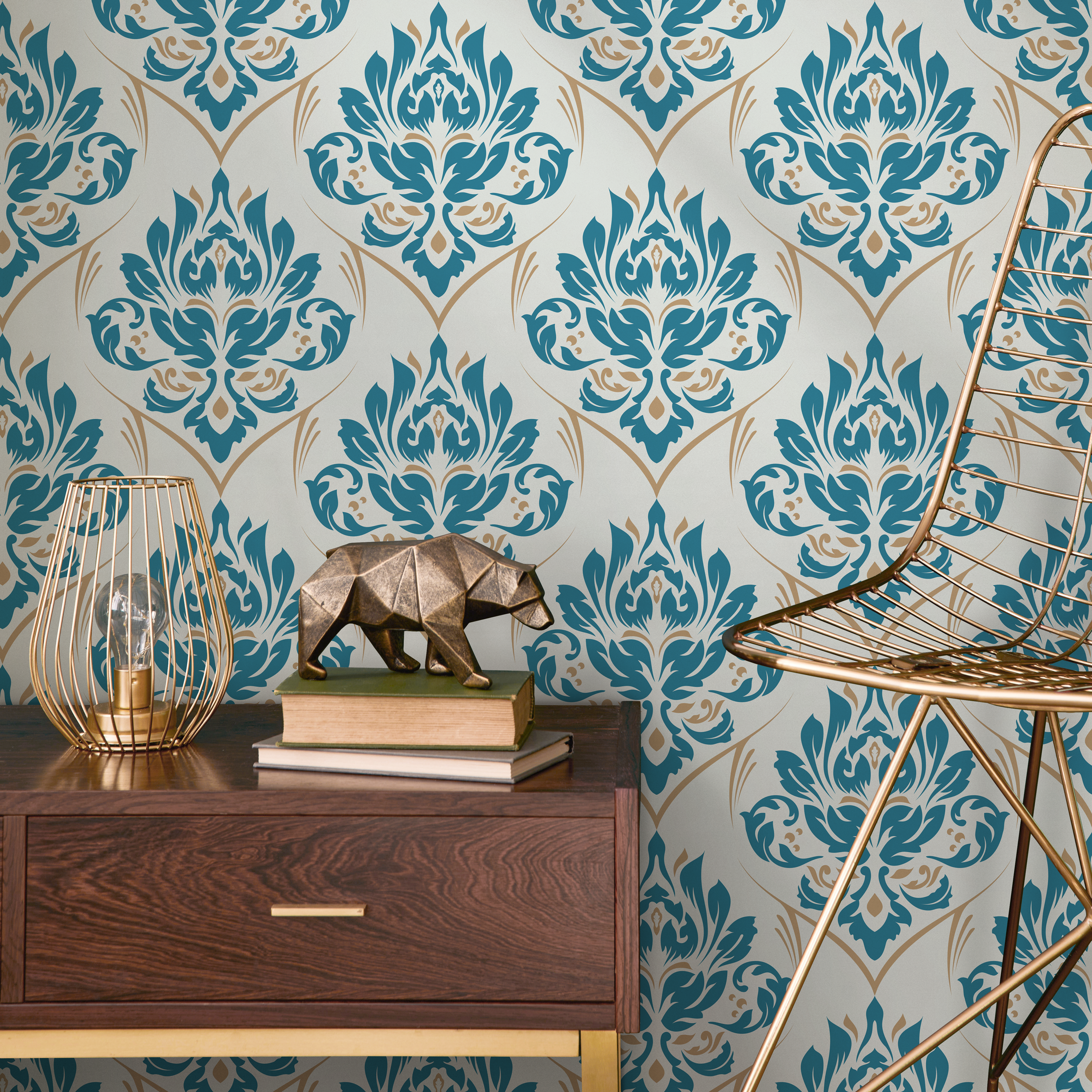 Damask Wallpaper With An Intricate Motif In Blue, Beige, And Cream - D230