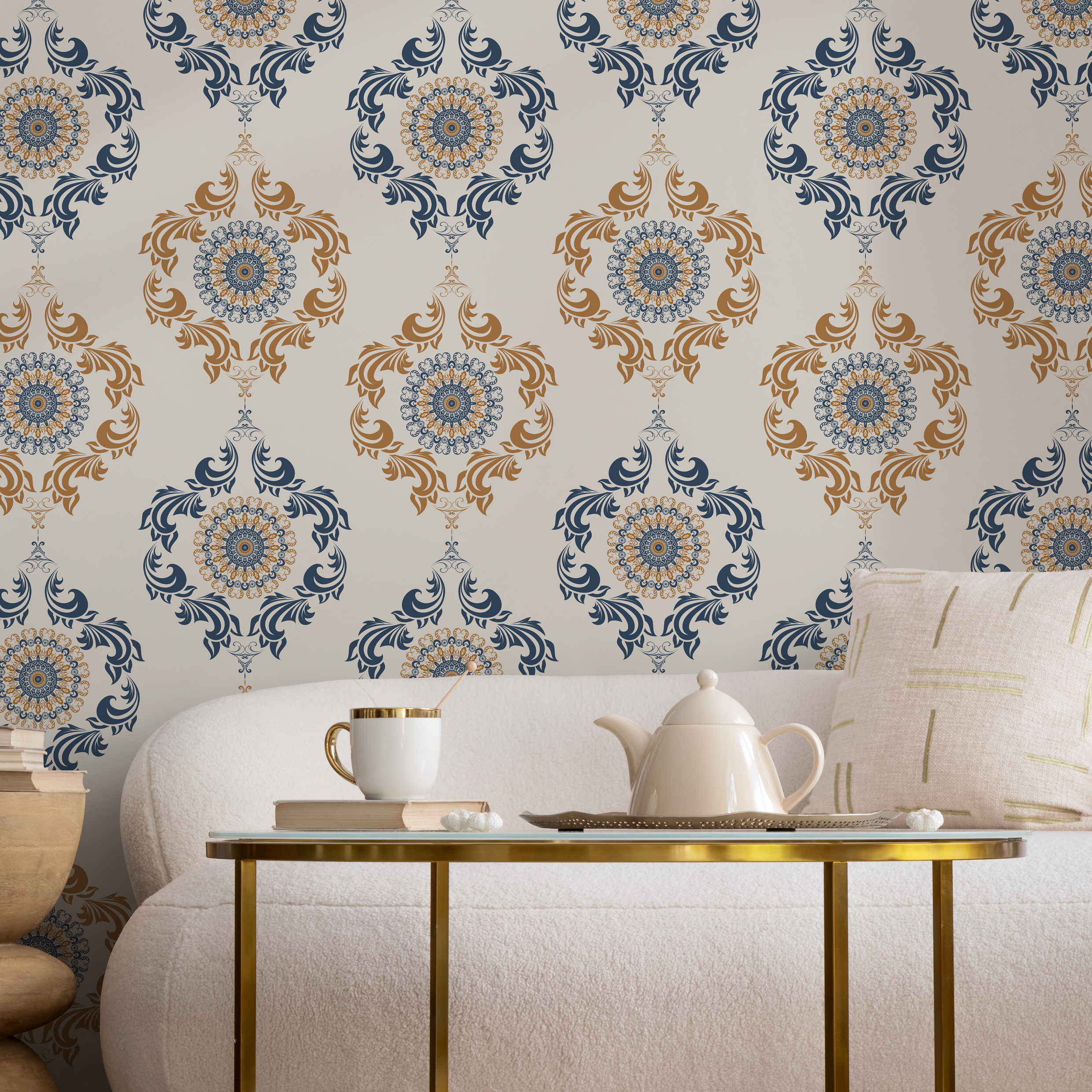 Ornamental Wallpaper With An Intricate Medallion Motif In Blue And Gold - D233