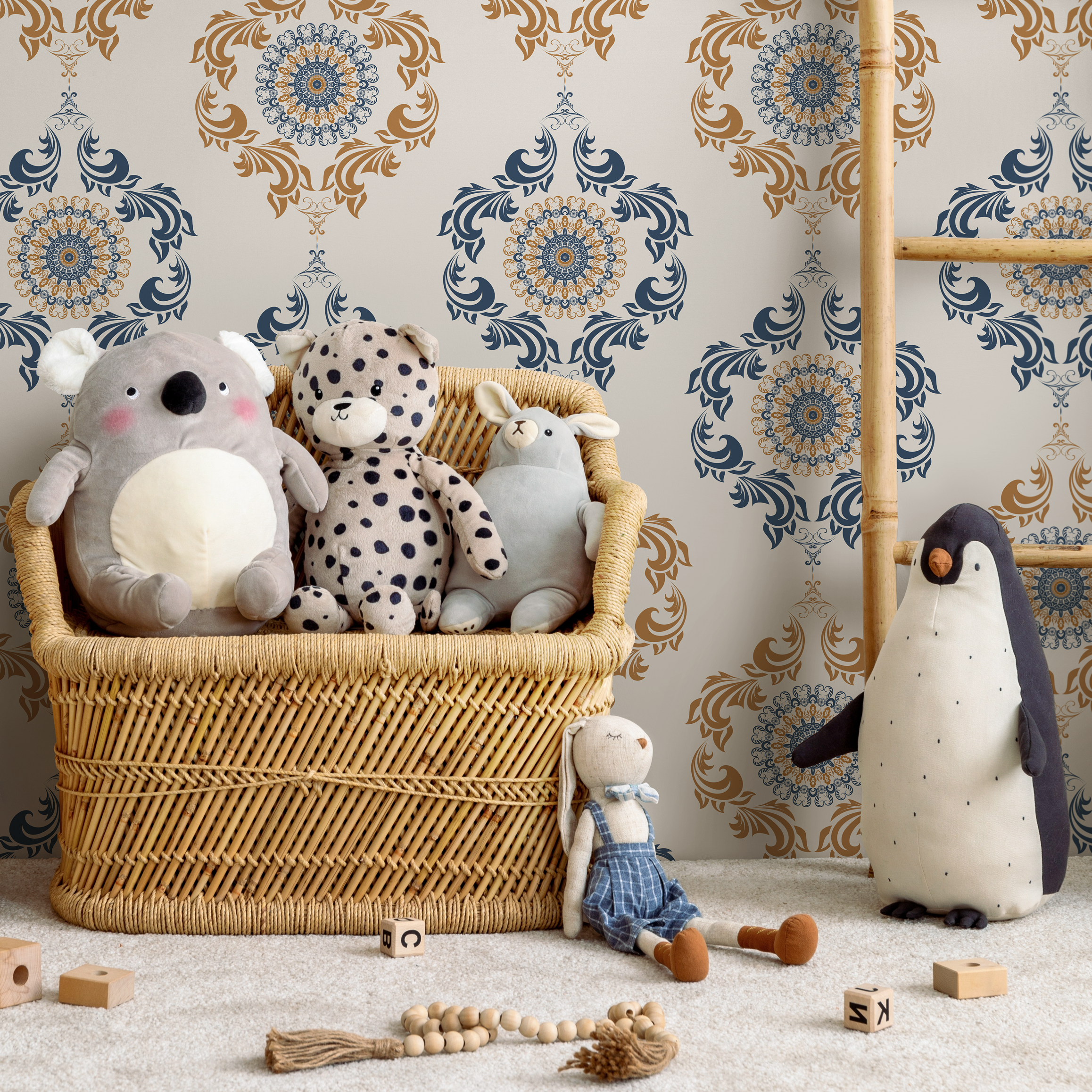 Ornamental Wallpaper With An Intricate Medallion Motif In Blue And Gold - D233