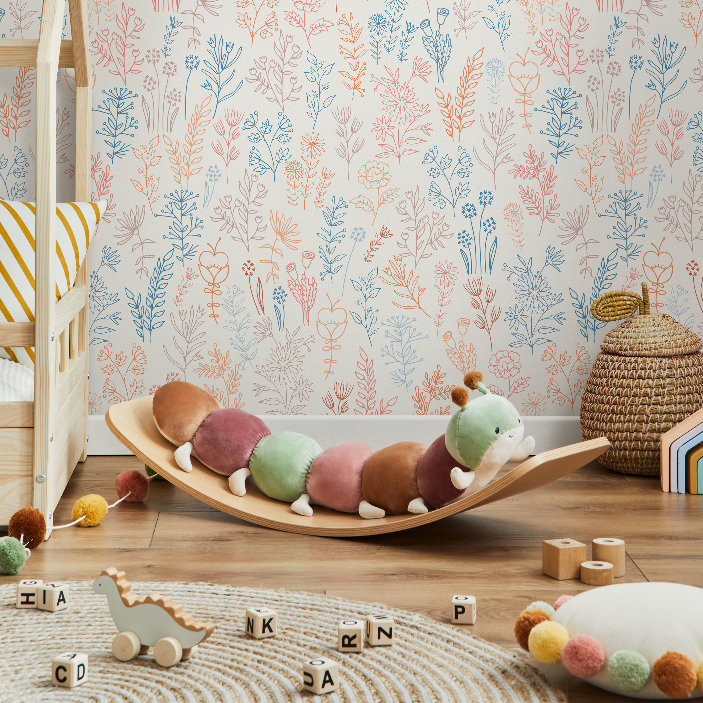 Floral Wallpaper Featuring Delicate Wildflowers In Blue, Orange, And Pink - D235