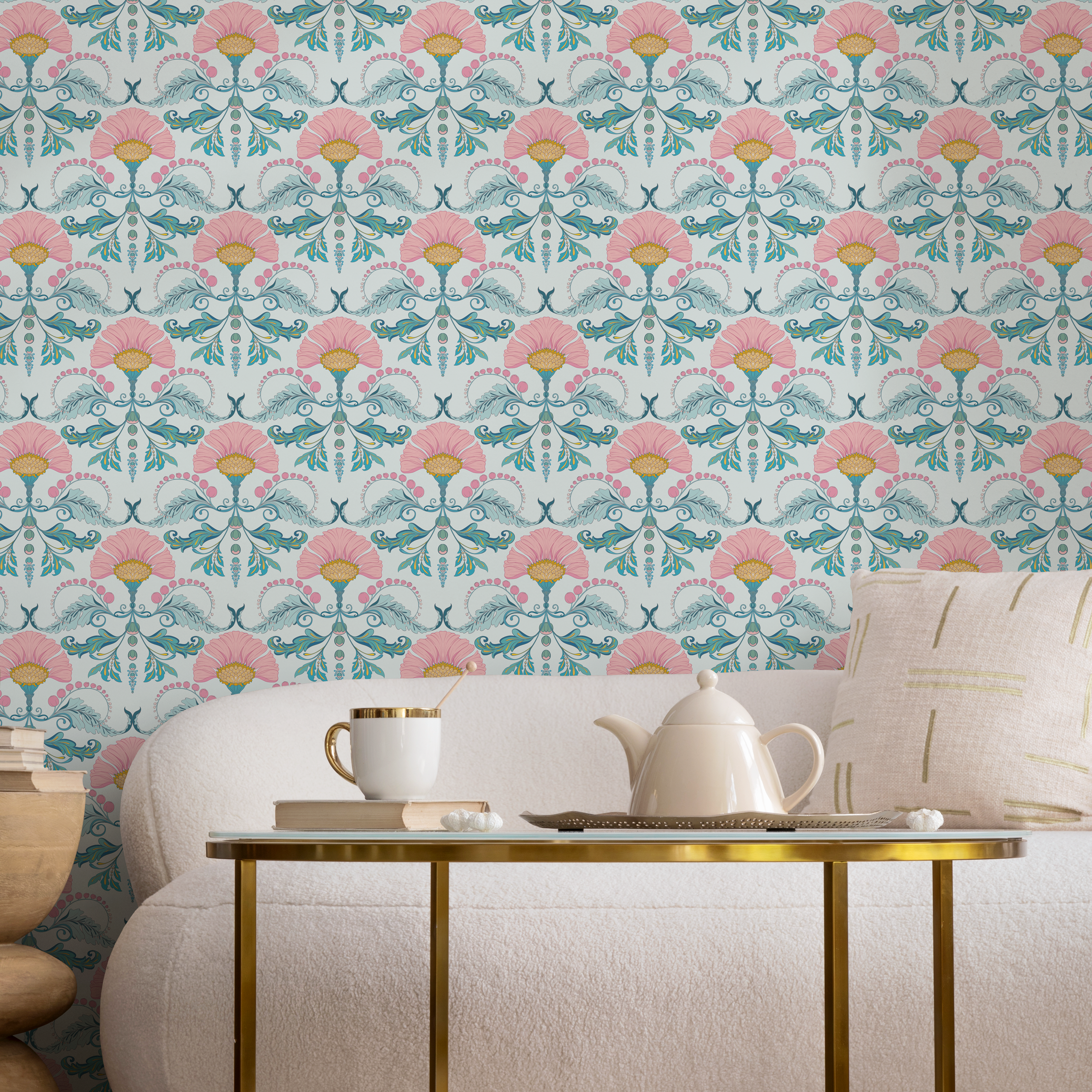 Floral Wallpaper With A Stylized Damask Motif In Pink, Teal, And Yellow - D237