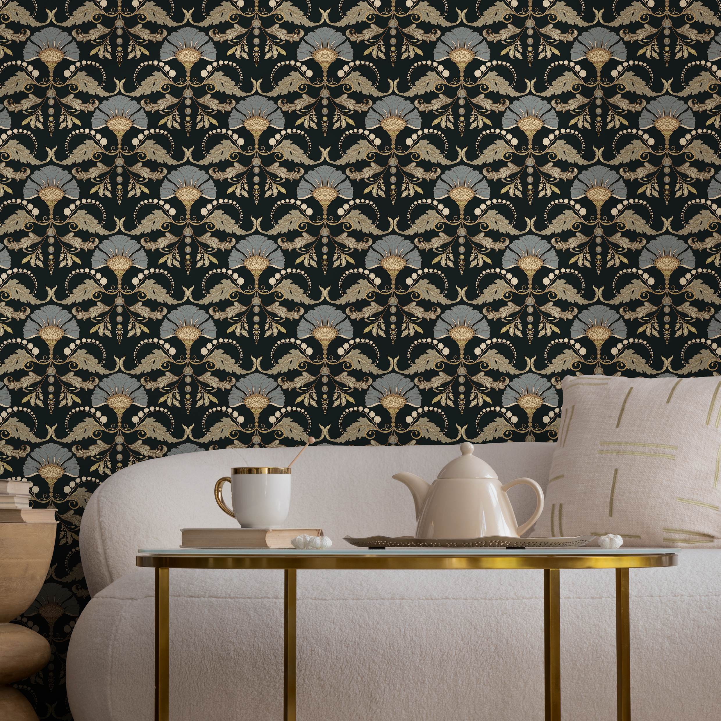 Vintage Wallpaper With A Floral Damask Motif In Black, Blue, And Gold - D240