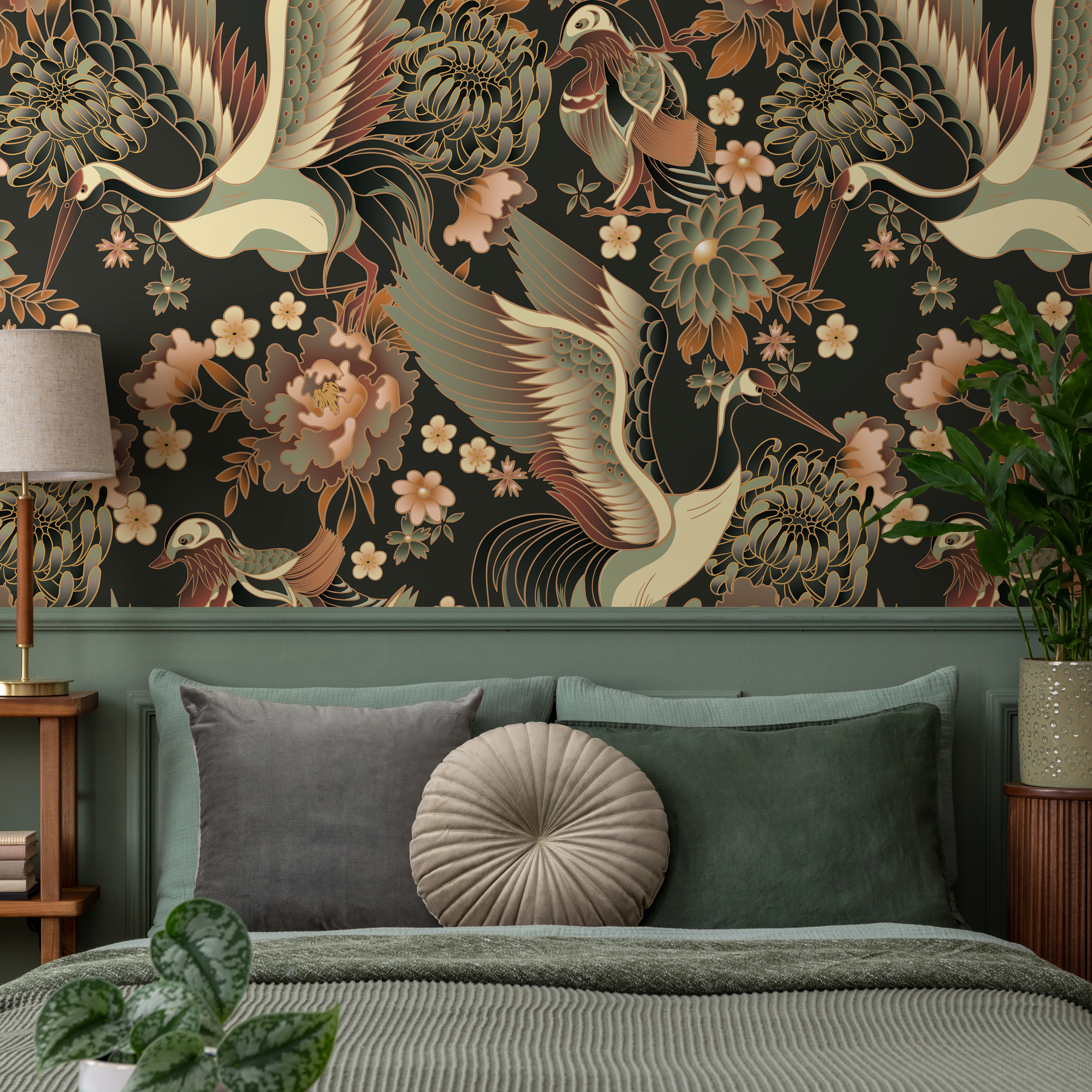 Chinoiserie Wallpaper With Elegant Cranes In Taupe, Green, And Rust - D246
