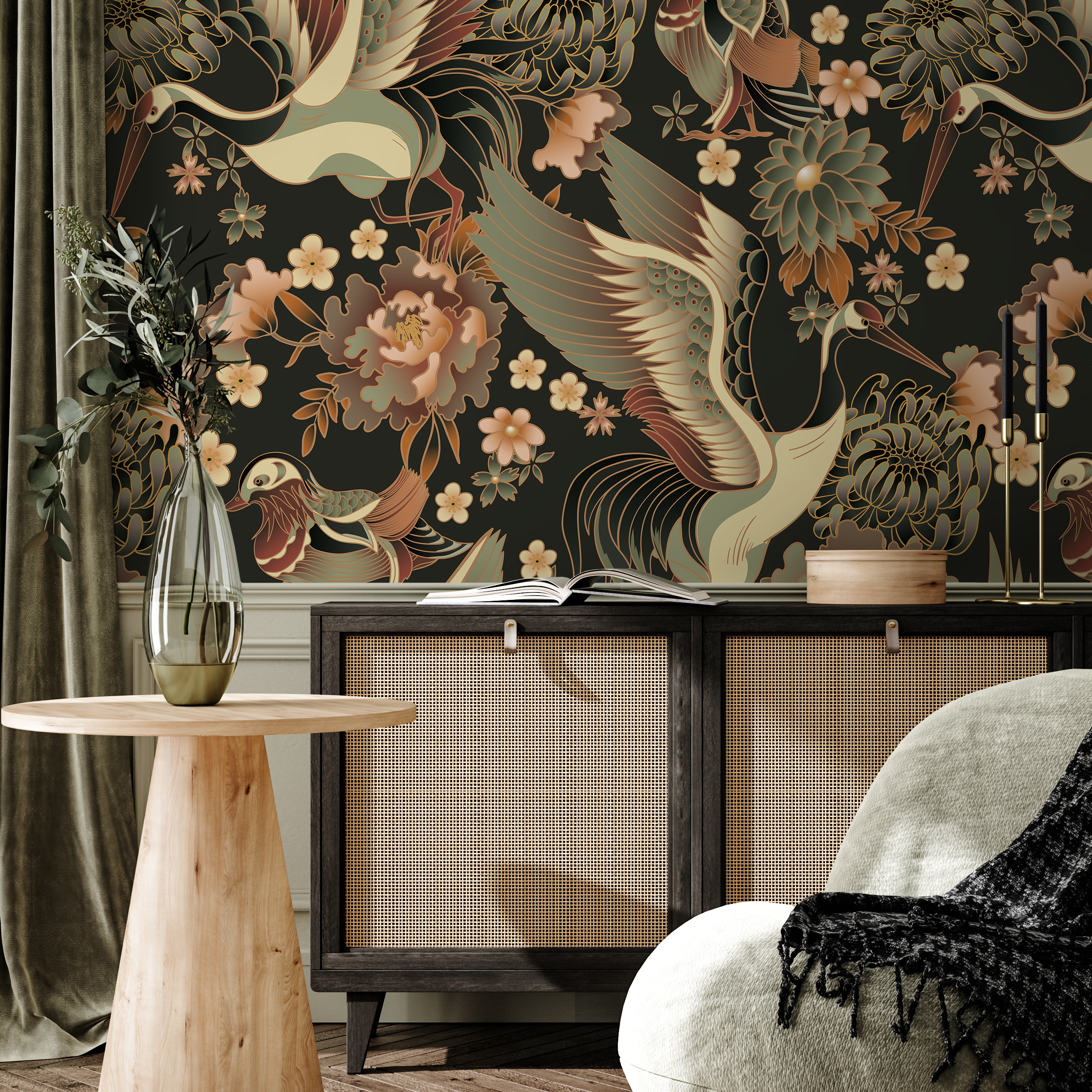 Chinoiserie Wallpaper With Elegant Cranes In Taupe, Green, And Rust - D246