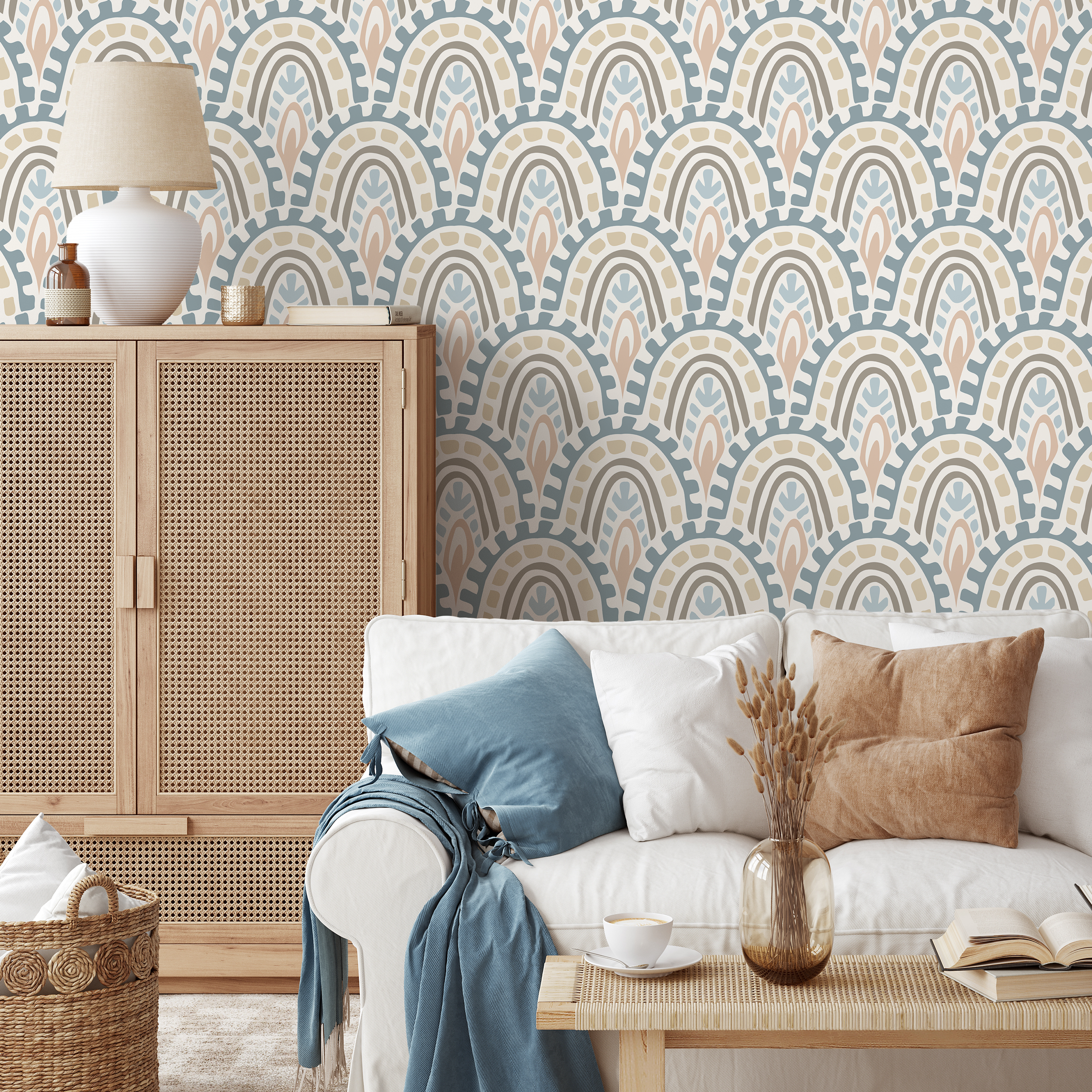 Abstract Wallpaper With A Bohemian Arch Motif In Blue, Pink, And Beige - D354