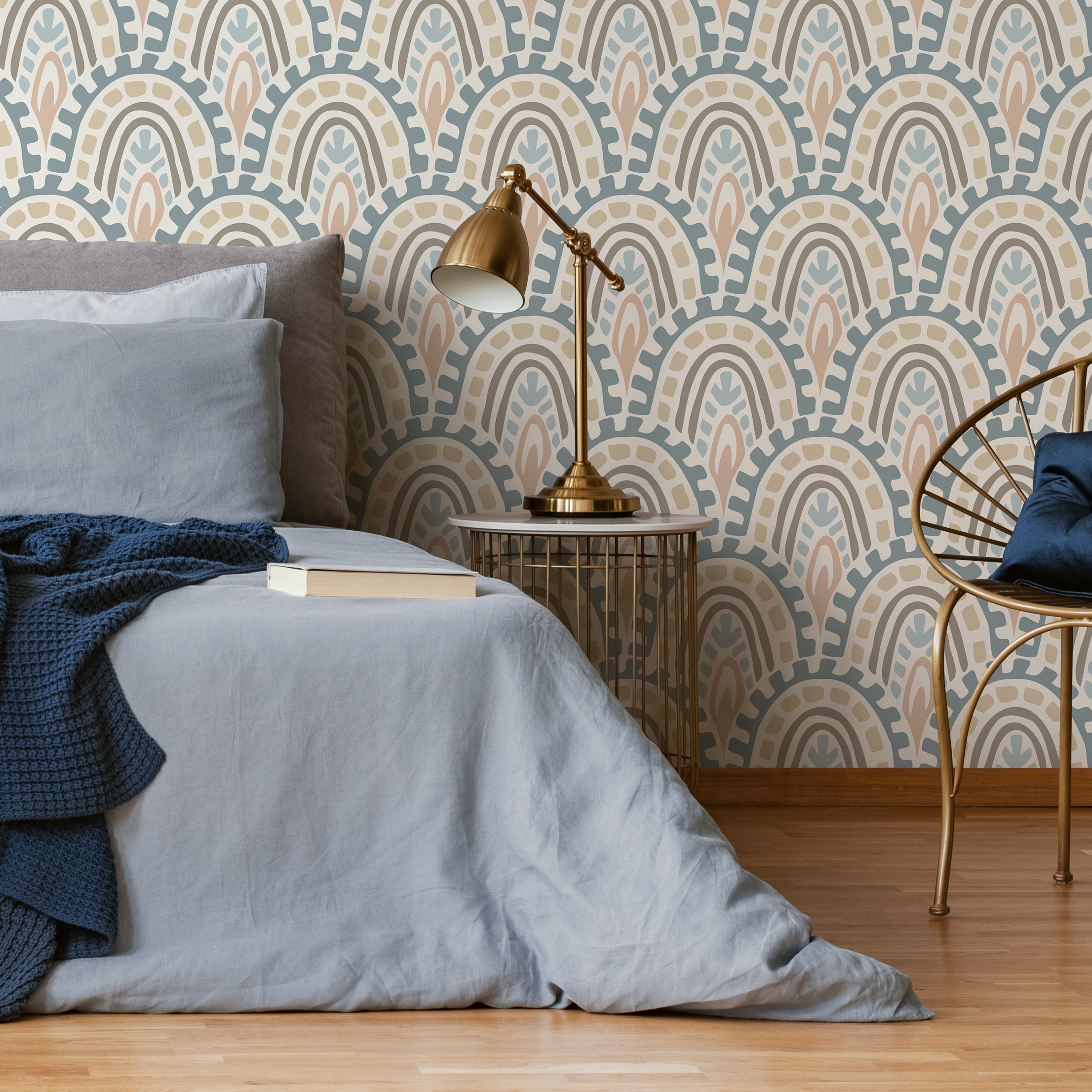 Abstract Wallpaper With A Bohemian Arch Motif In Blue, Pink, And Beige - D354