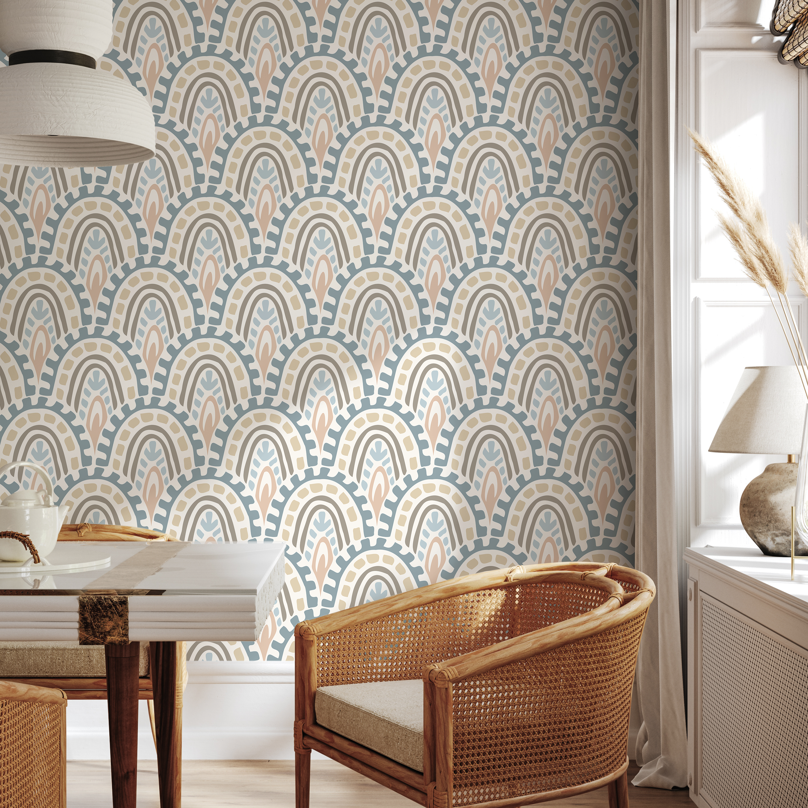 Abstract Wallpaper With A Bohemian Arch Motif In Blue, Pink, And Beige - D354