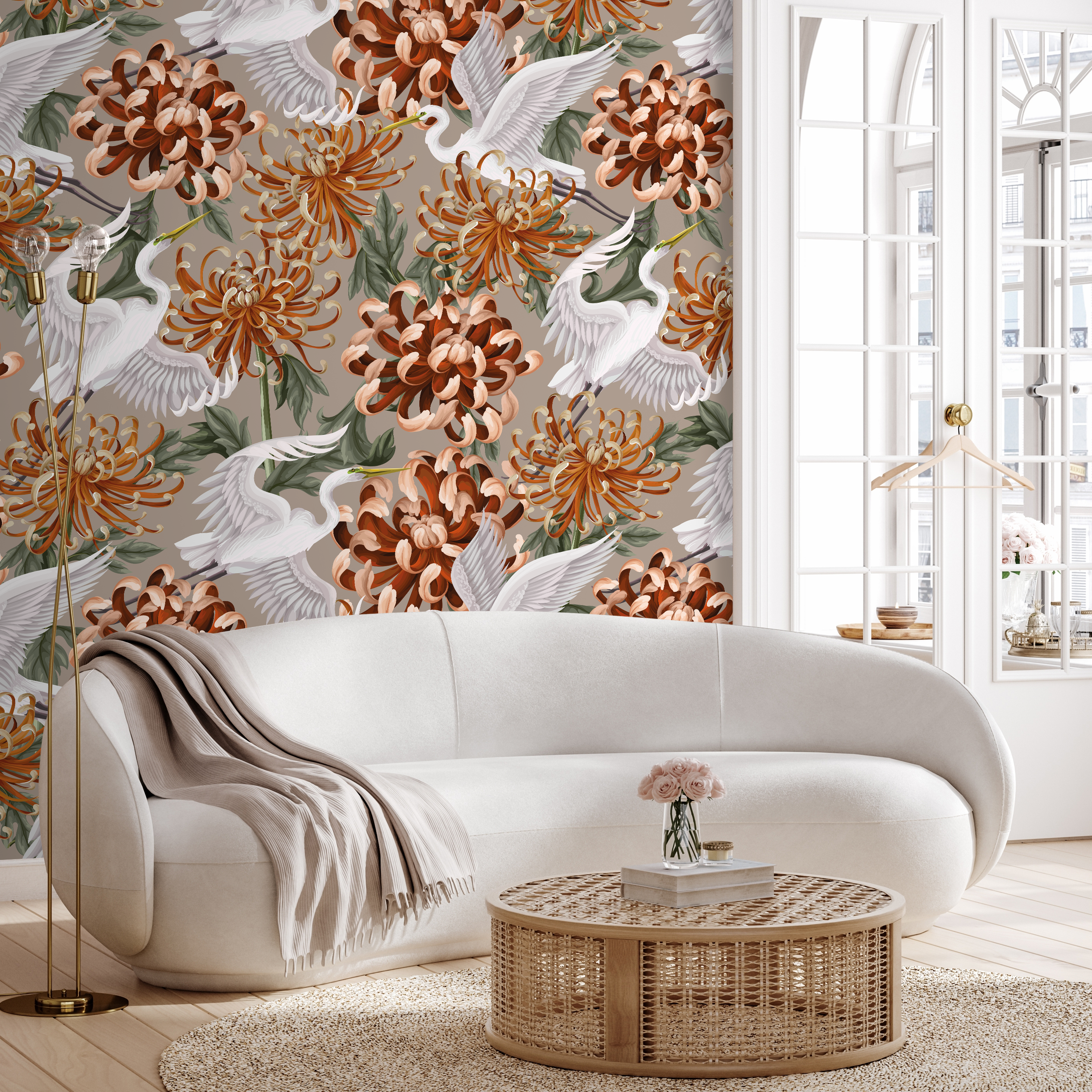 Chinoiserie Wallpaper With Cranes And Chrysanthemums In Orange And White - D265