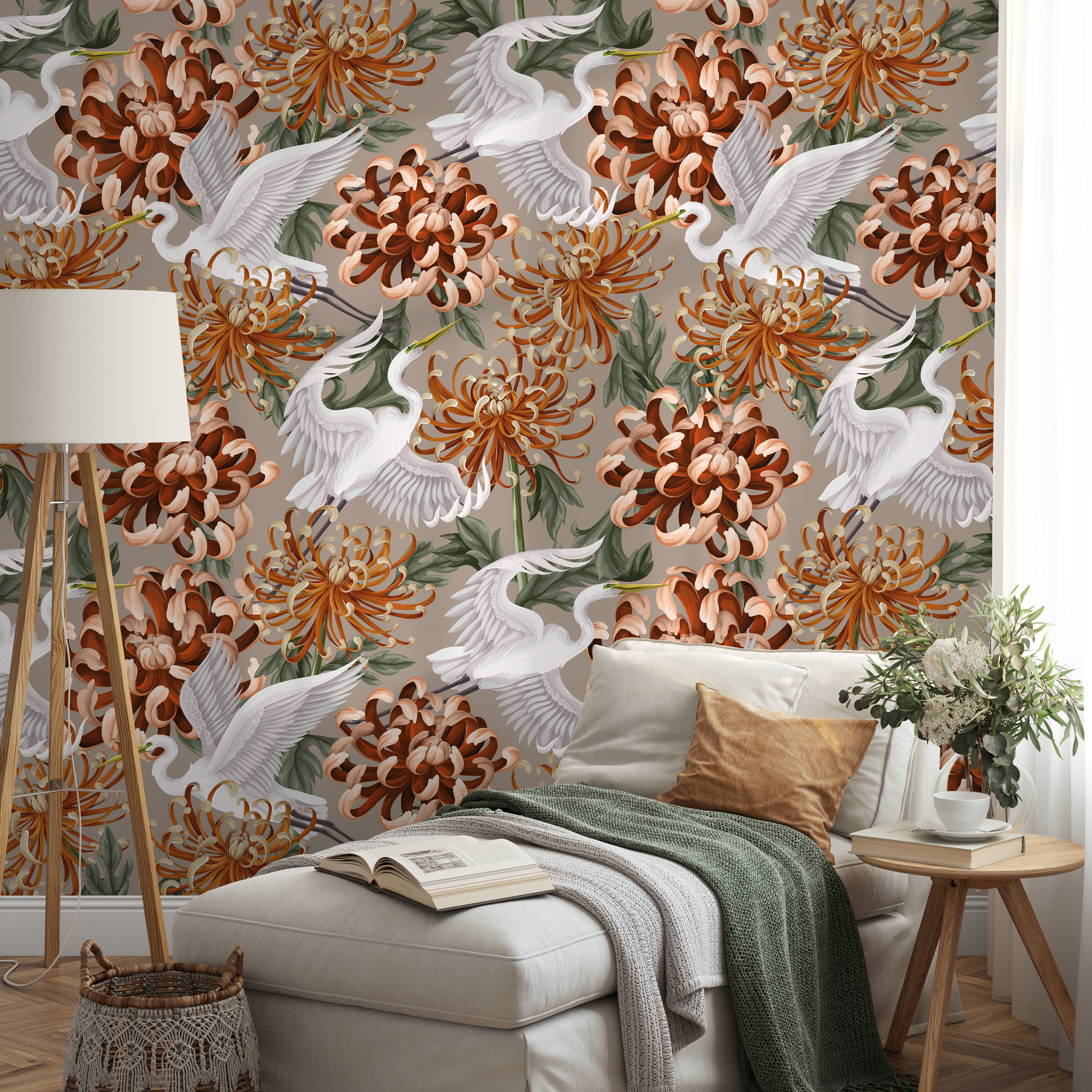 Chinoiserie Wallpaper With Cranes And Chrysanthemums In Orange And White - D265