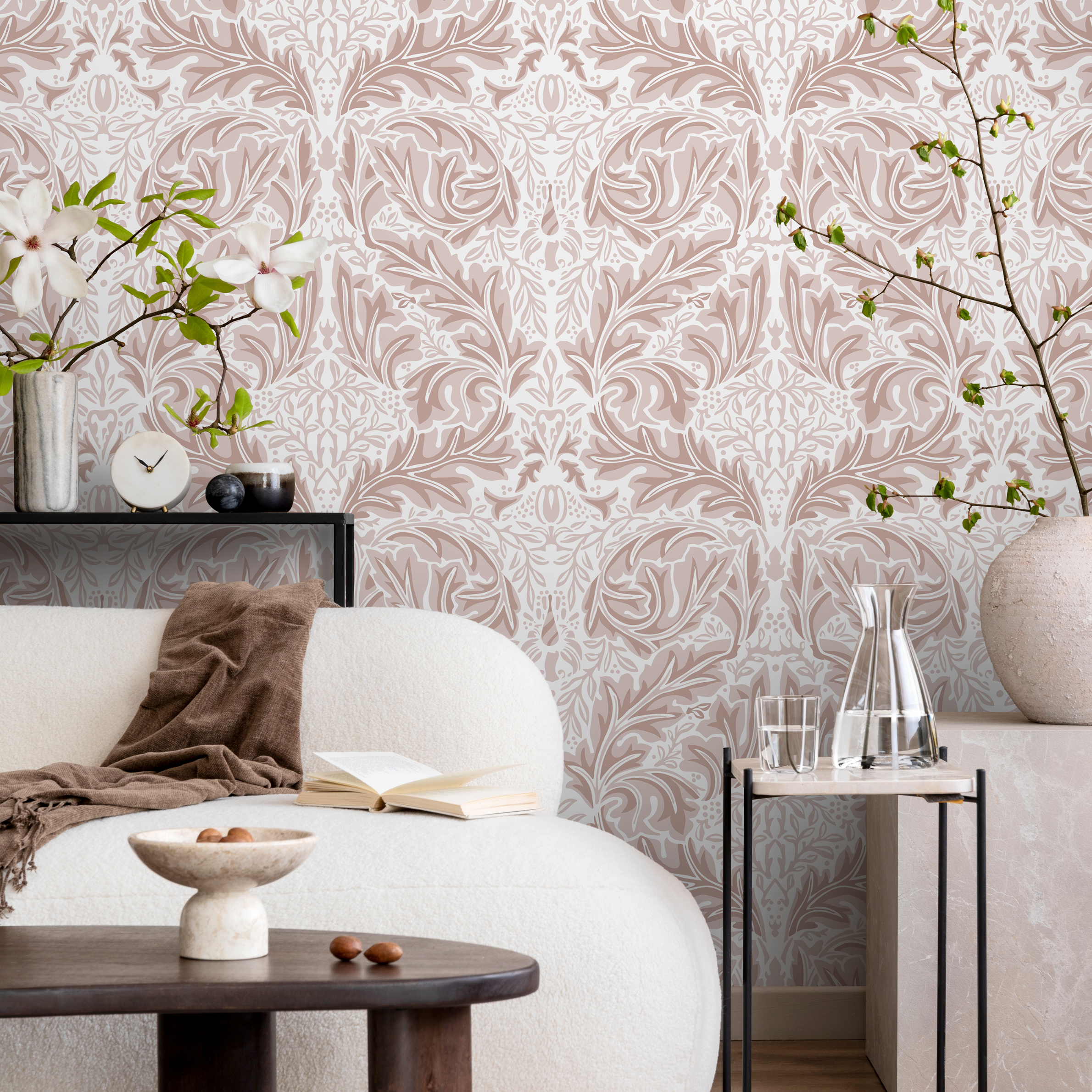 Victorian Wallpaper With A Symmetrical Acanthus Motif In Pink And White - D267