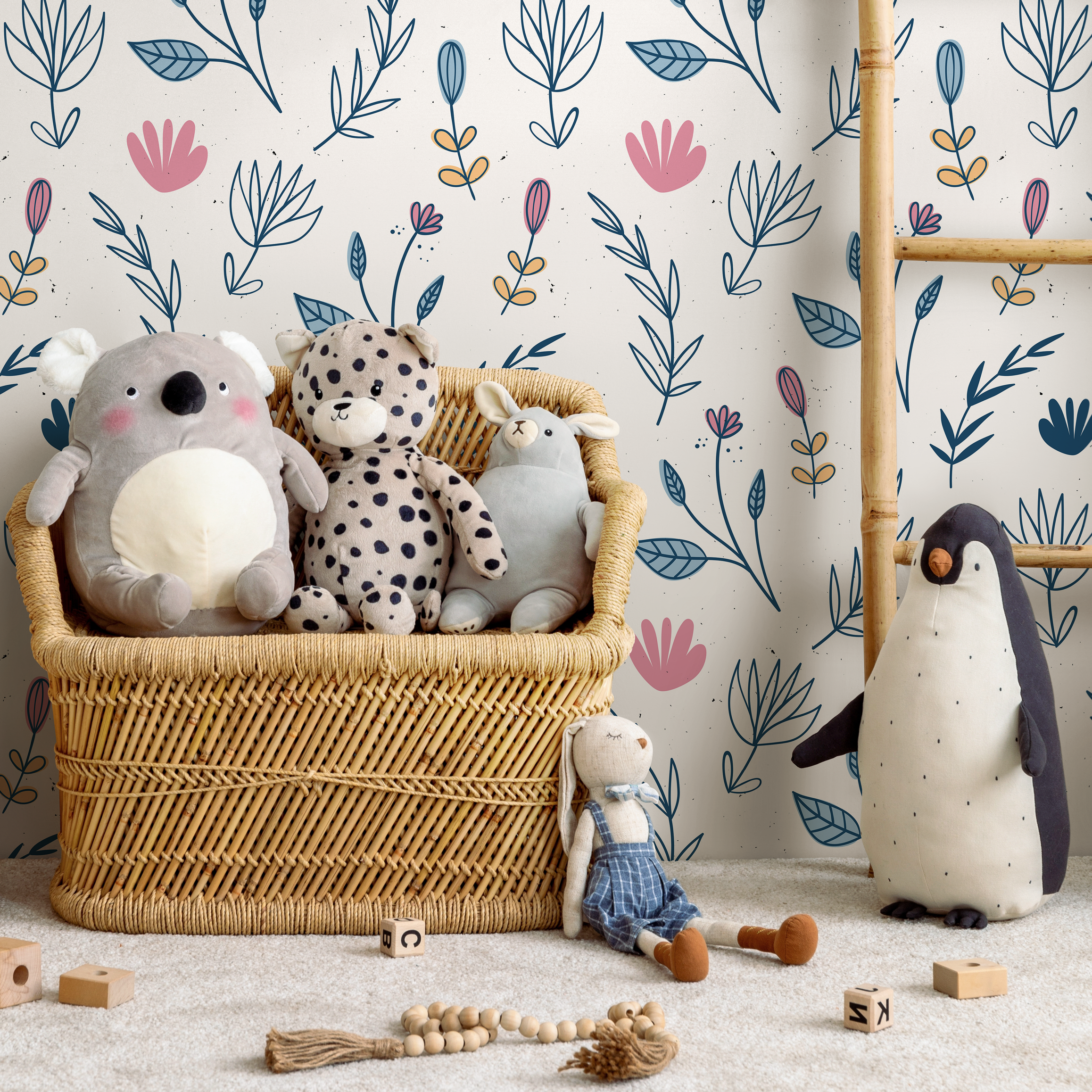 Floral Wallpaper With A Whimsical Wildflower Print In Blue, Pink, And Yellow - D271