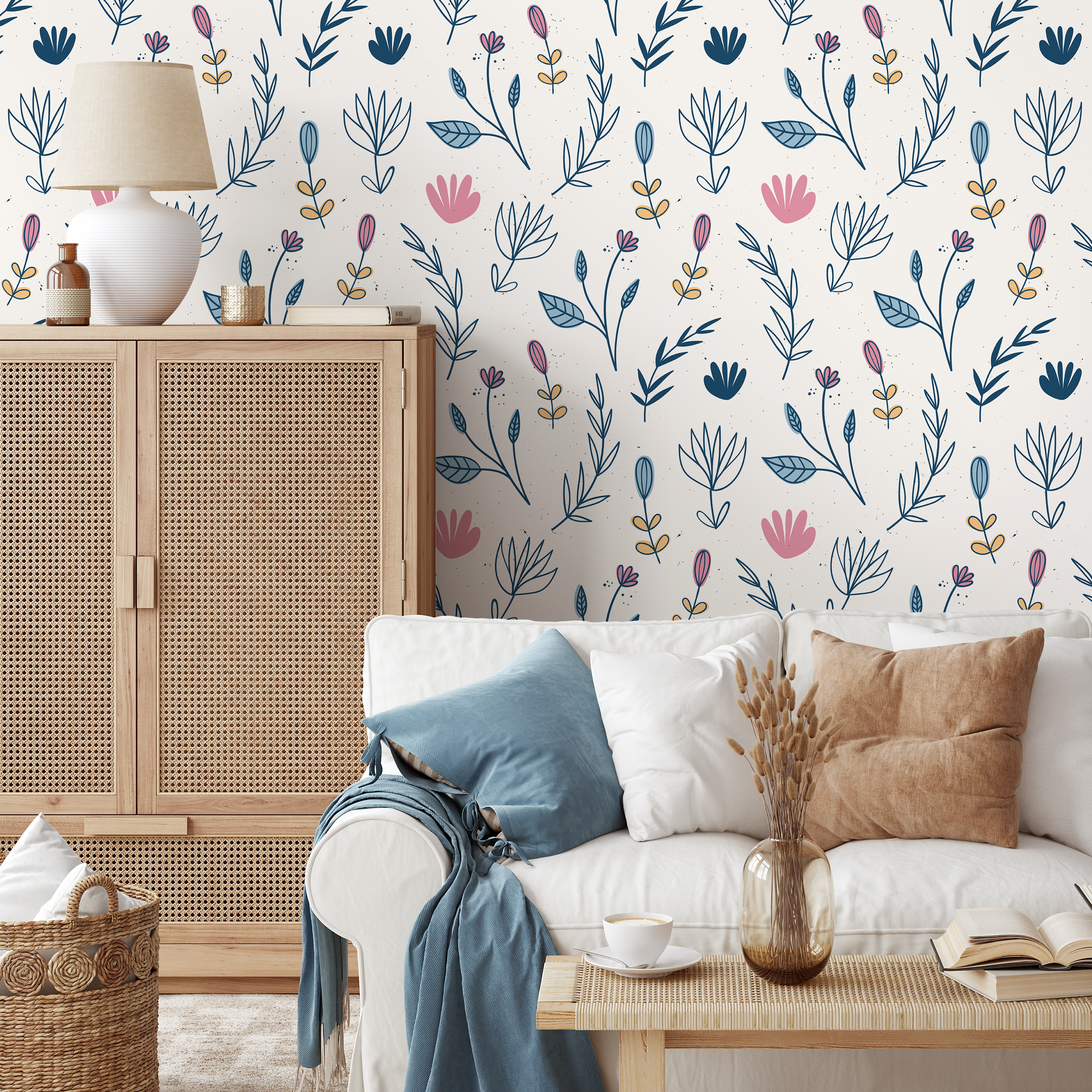 Floral Wallpaper With A Whimsical Wildflower Print In Blue, Pink, And Yellow - D271