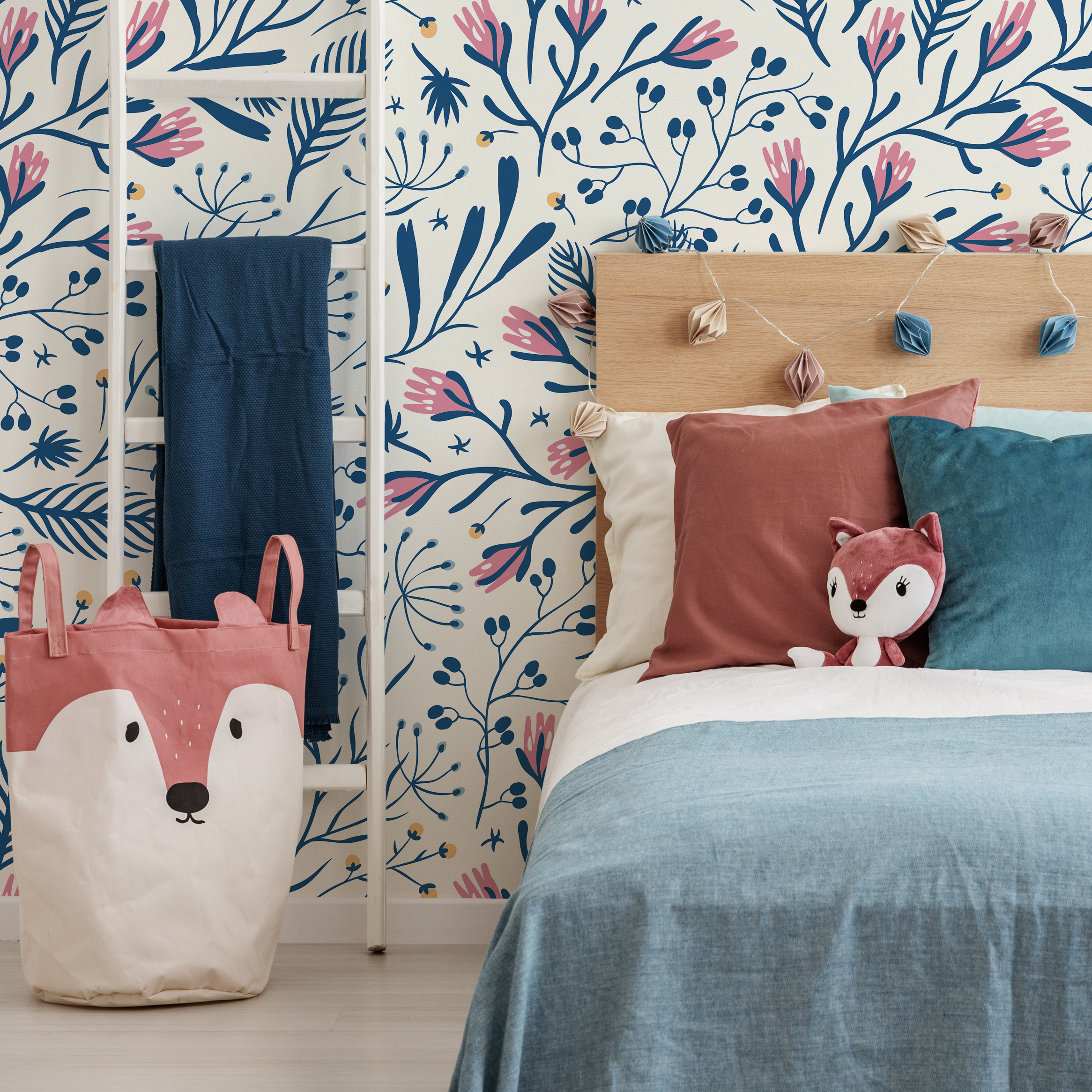 Scandinavian Wallpaper With A Folk Art Floral Motif In Blue, Pink, And Yellow - D279