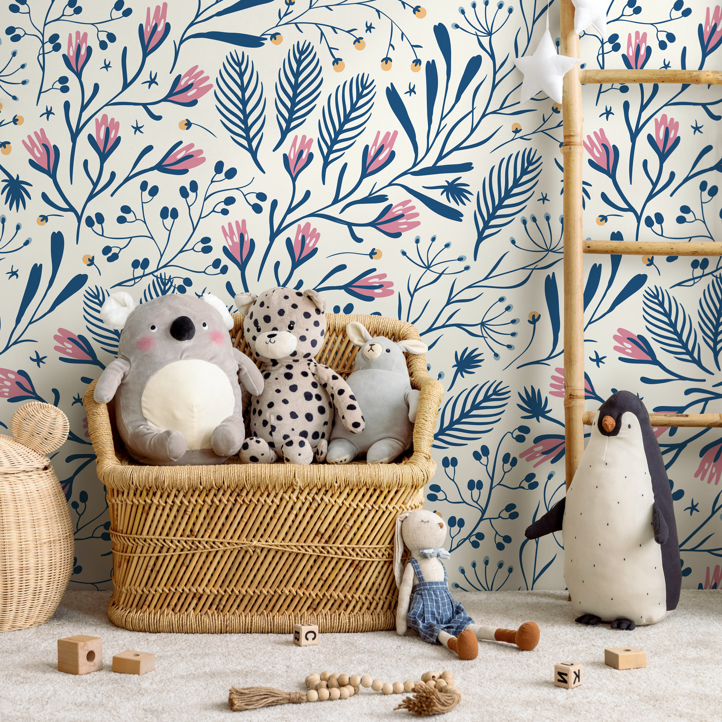 Scandinavian Wallpaper With A Folk Art Floral Motif In Blue, Pink, And Yellow - D279